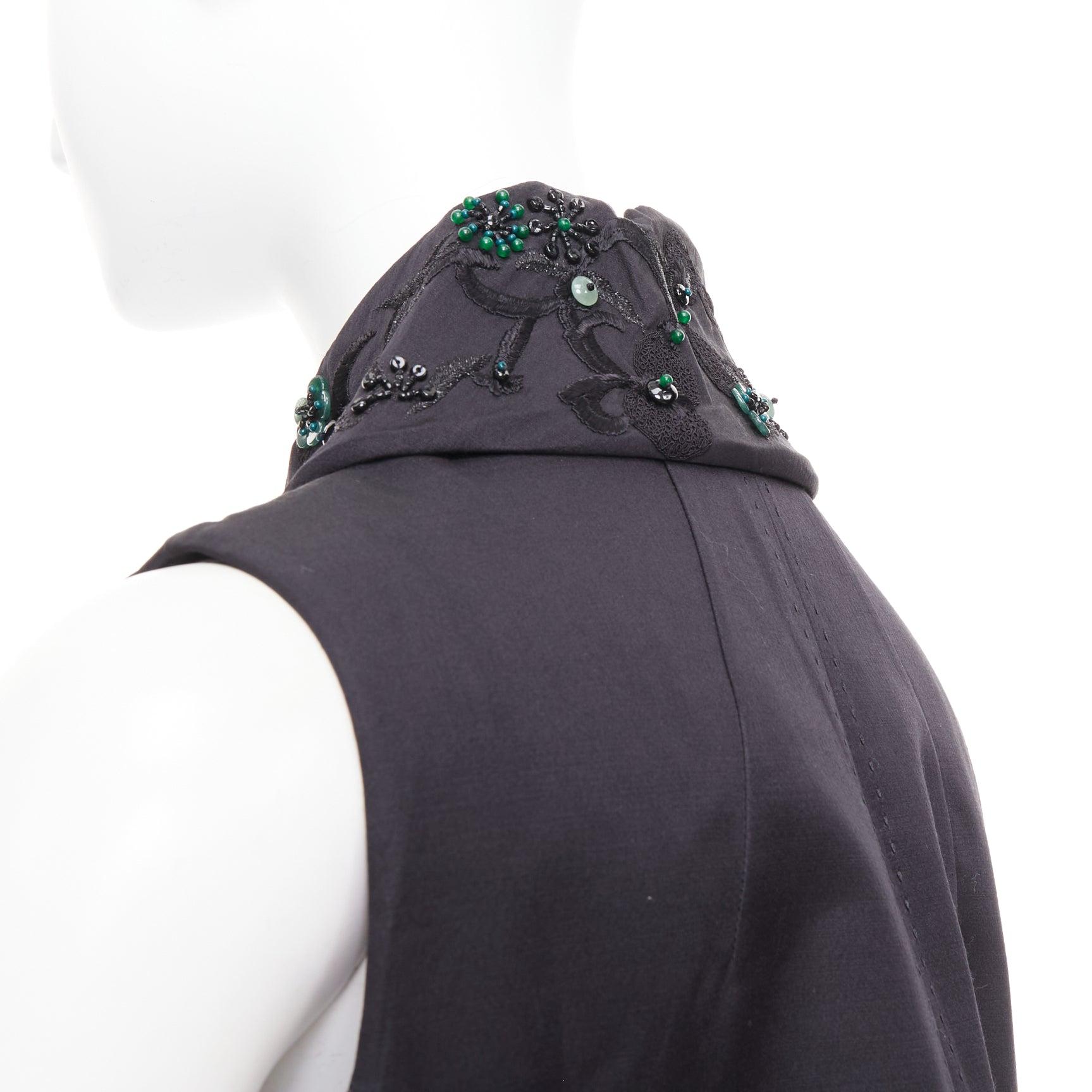 SHIATZY CHEN black wool silk green faux jade embellished long vest IT42 M For Sale 2