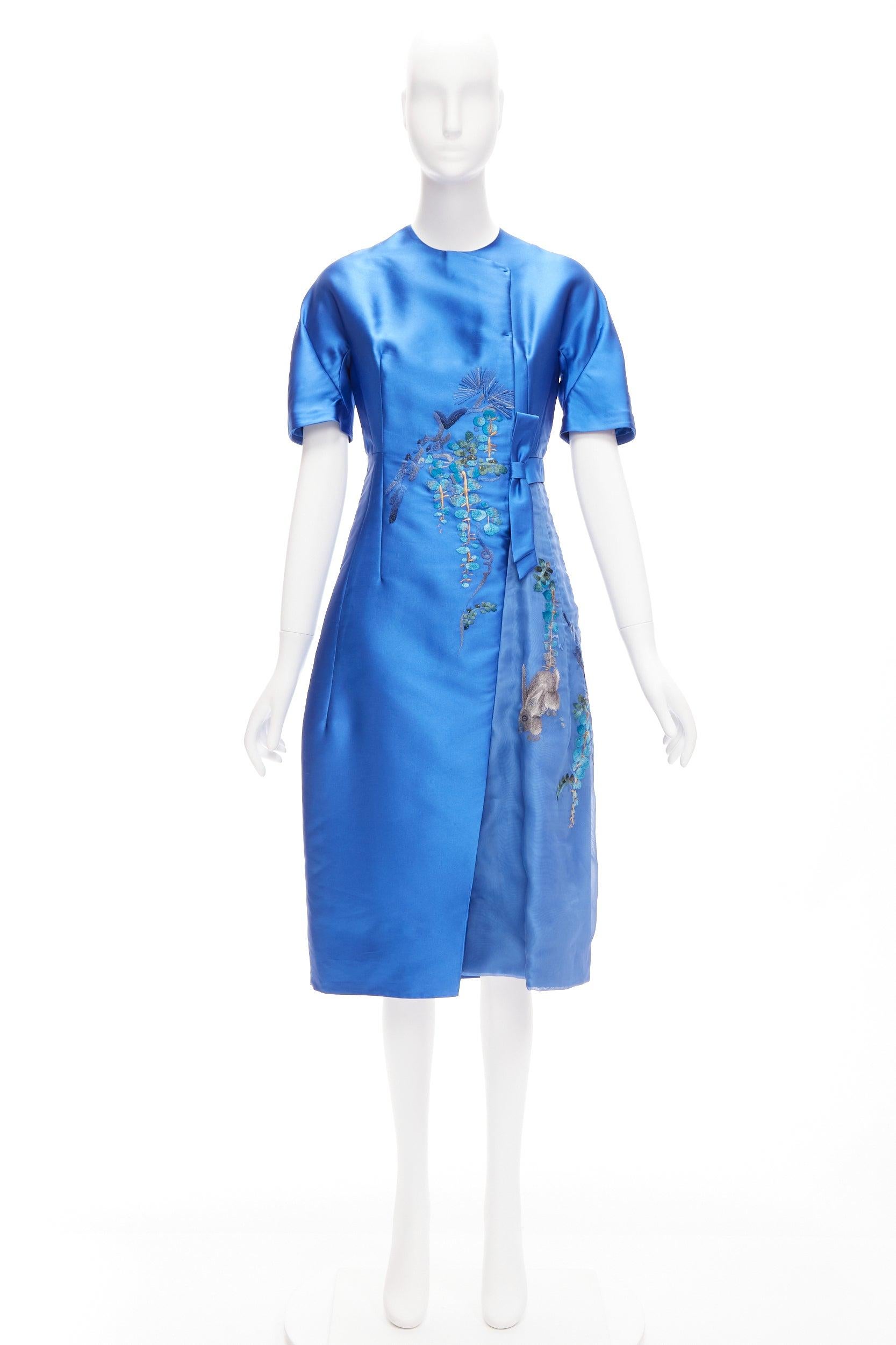 SHIATZY CHEN blue satin floral oriental embroidery bow dress IT40 S For Sale 4