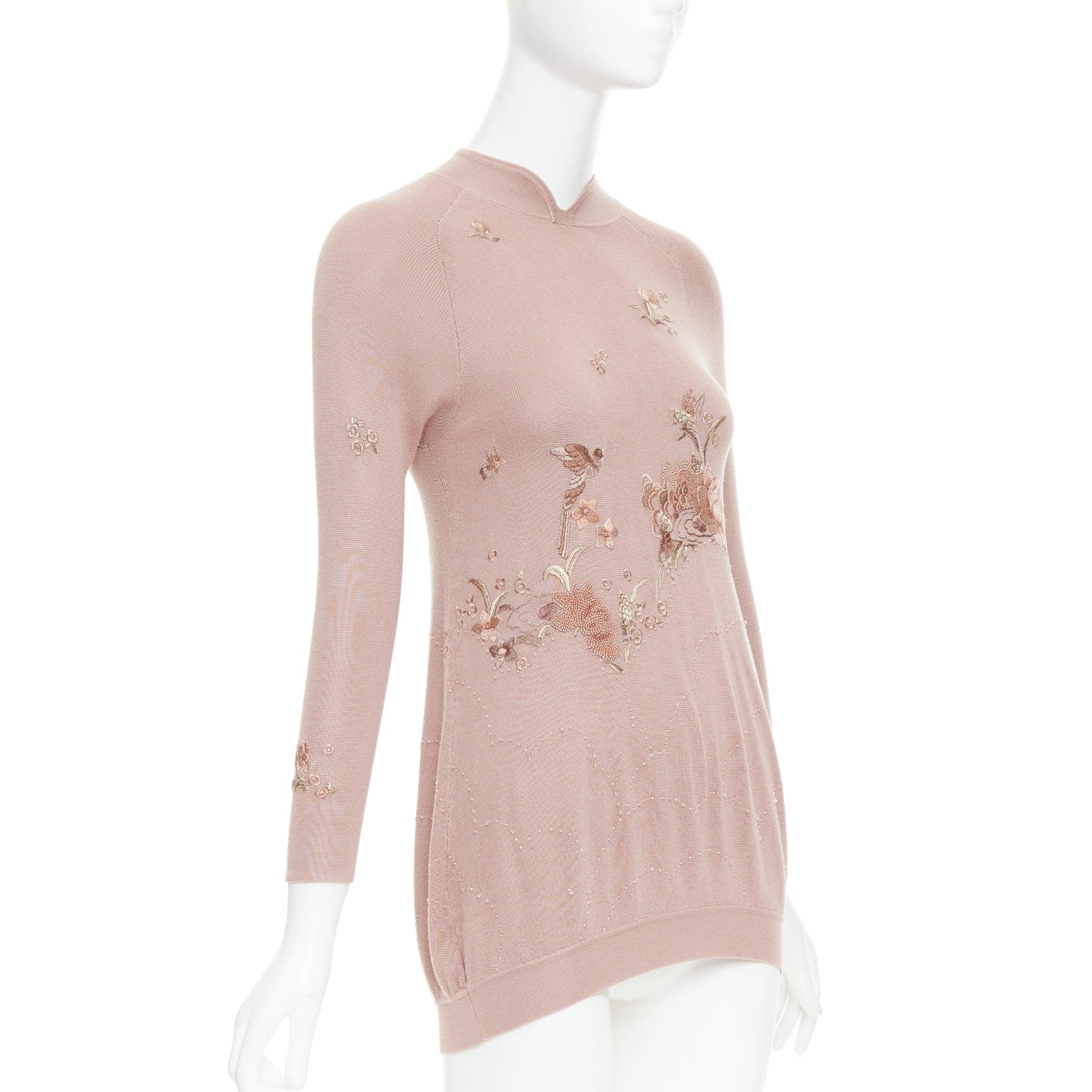 Beige SHIATZY CHEN dusty pink modal oriental embroidery qipao collar sweater IT40 S For Sale