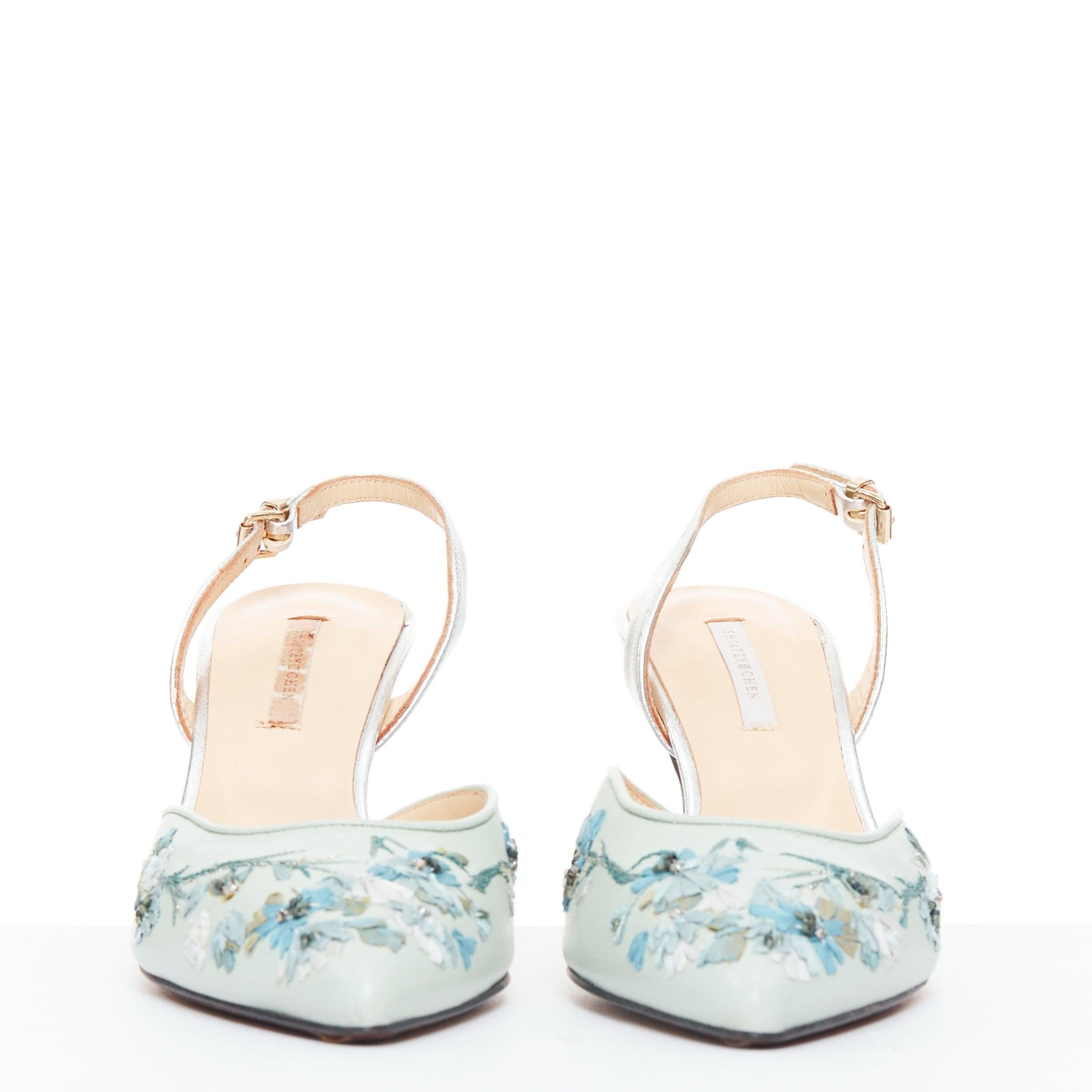 Gray SHIATZY CHEN mint green leather embroidered floral sling pumps EU36 For Sale