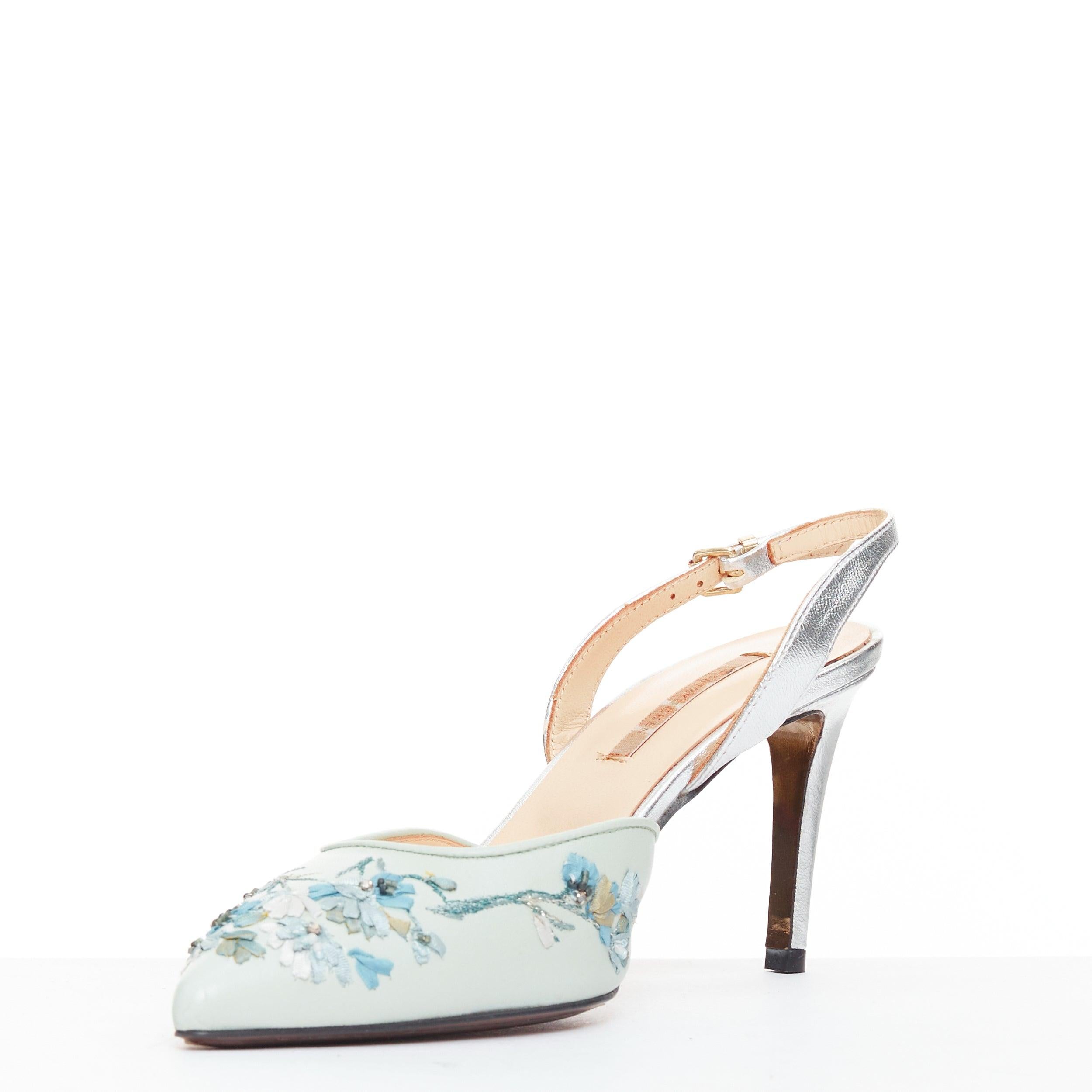 SHIATZY CHEN mint green leather embroidered floral sling pumps EU36 In Good Condition For Sale In Hong Kong, NT