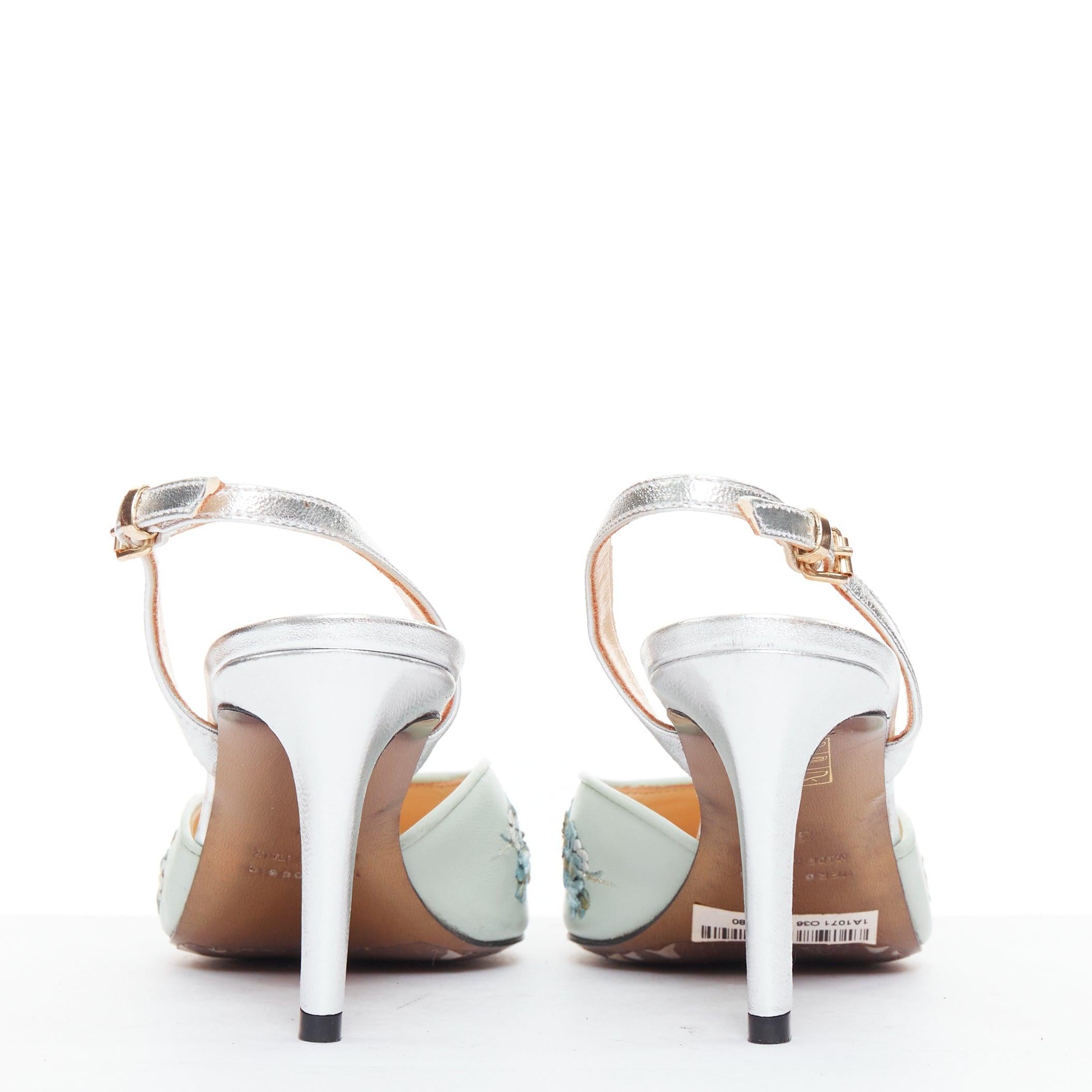 Women's SHIATZY CHEN mint green leather embroidered floral sling pumps EU36 For Sale