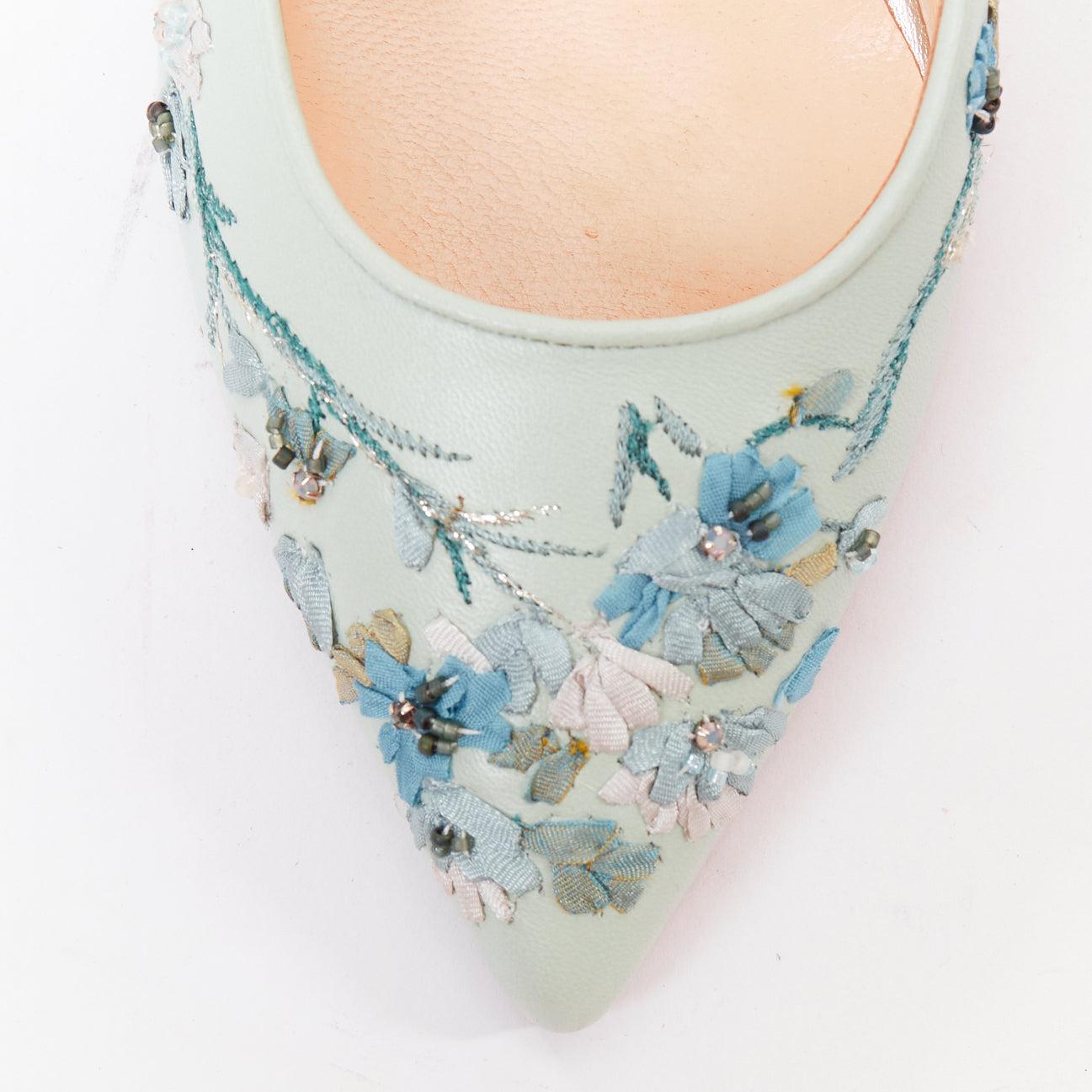 SHIATZY CHEN mint green leather embroidered floral sling pumps EU36 For Sale 1