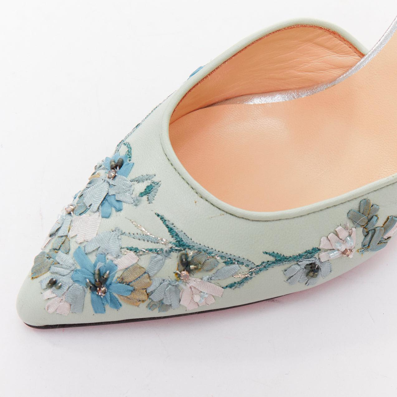 SHIATZY CHEN mint green leather embroidered floral sling pumps EU36 For Sale 2