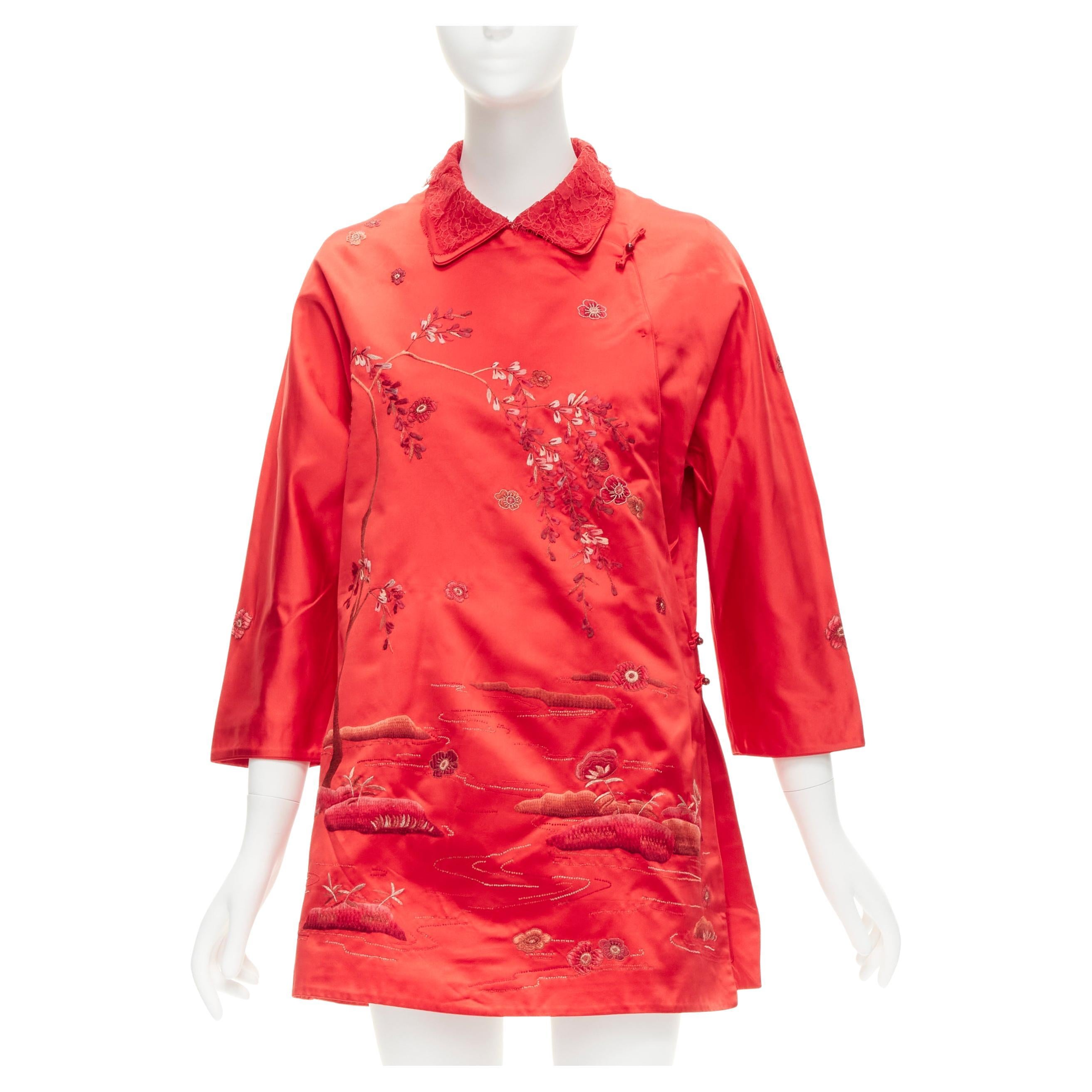 SHIATZY CHEN red silk lace collar floral cloud embroidery qipao top IT44 L For Sale