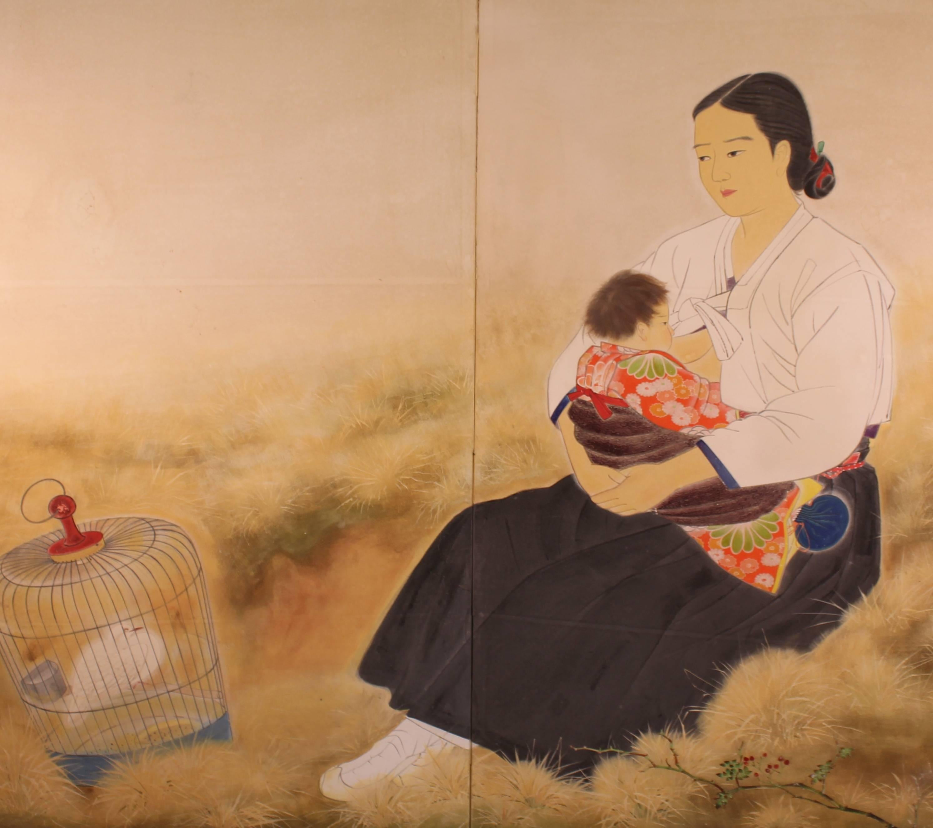 A Japanese two-panelled paper screen painted with an Okinawan mother and child scene and a caged dove in natural setting. The piece was executed by Shibata Suika in 1930 during the Showa period in Japan. The piece has minor repair to the front and