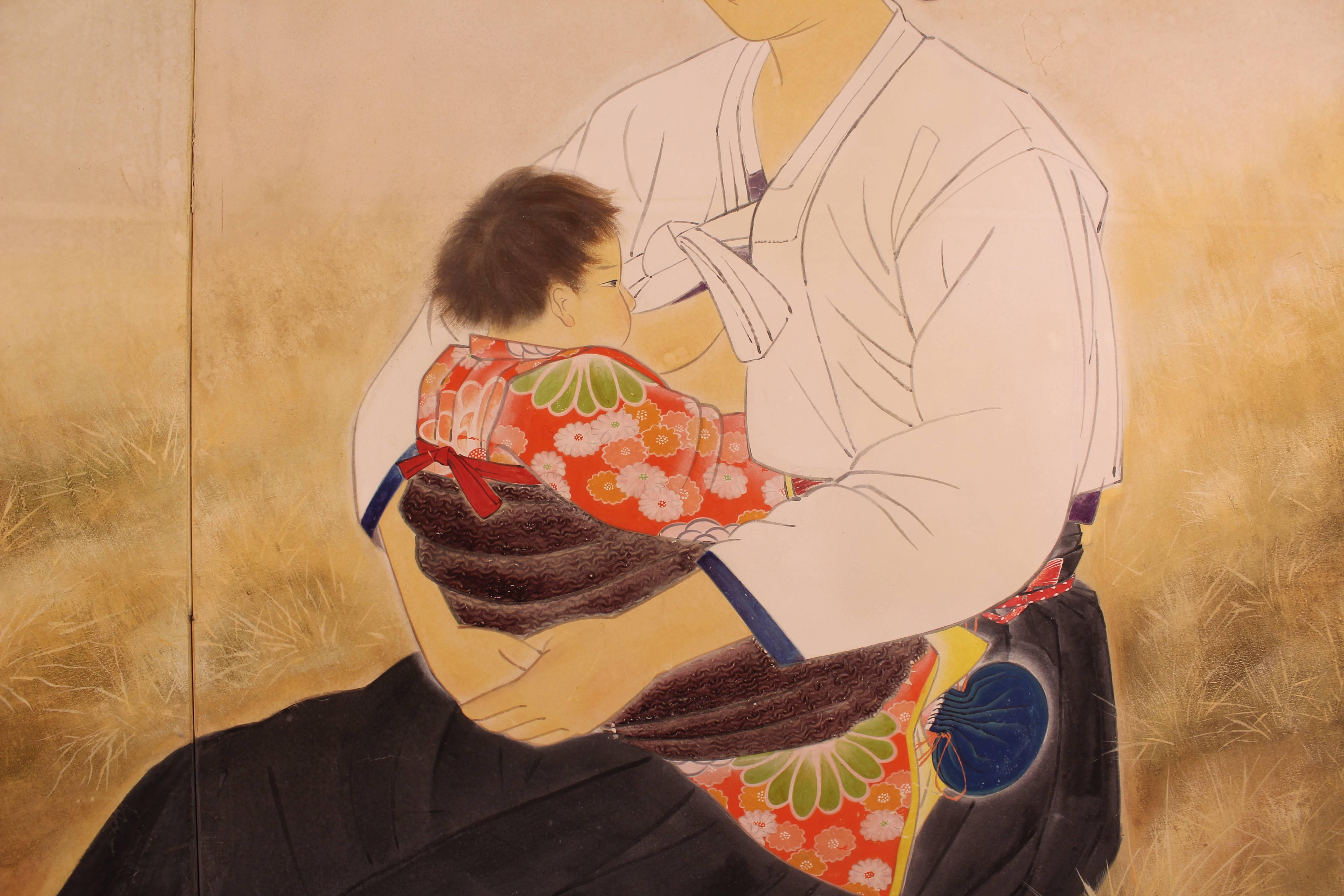 Showa Shibata Suika Japanese Painted Paper Screen with Okinawan Mother and Child For Sale