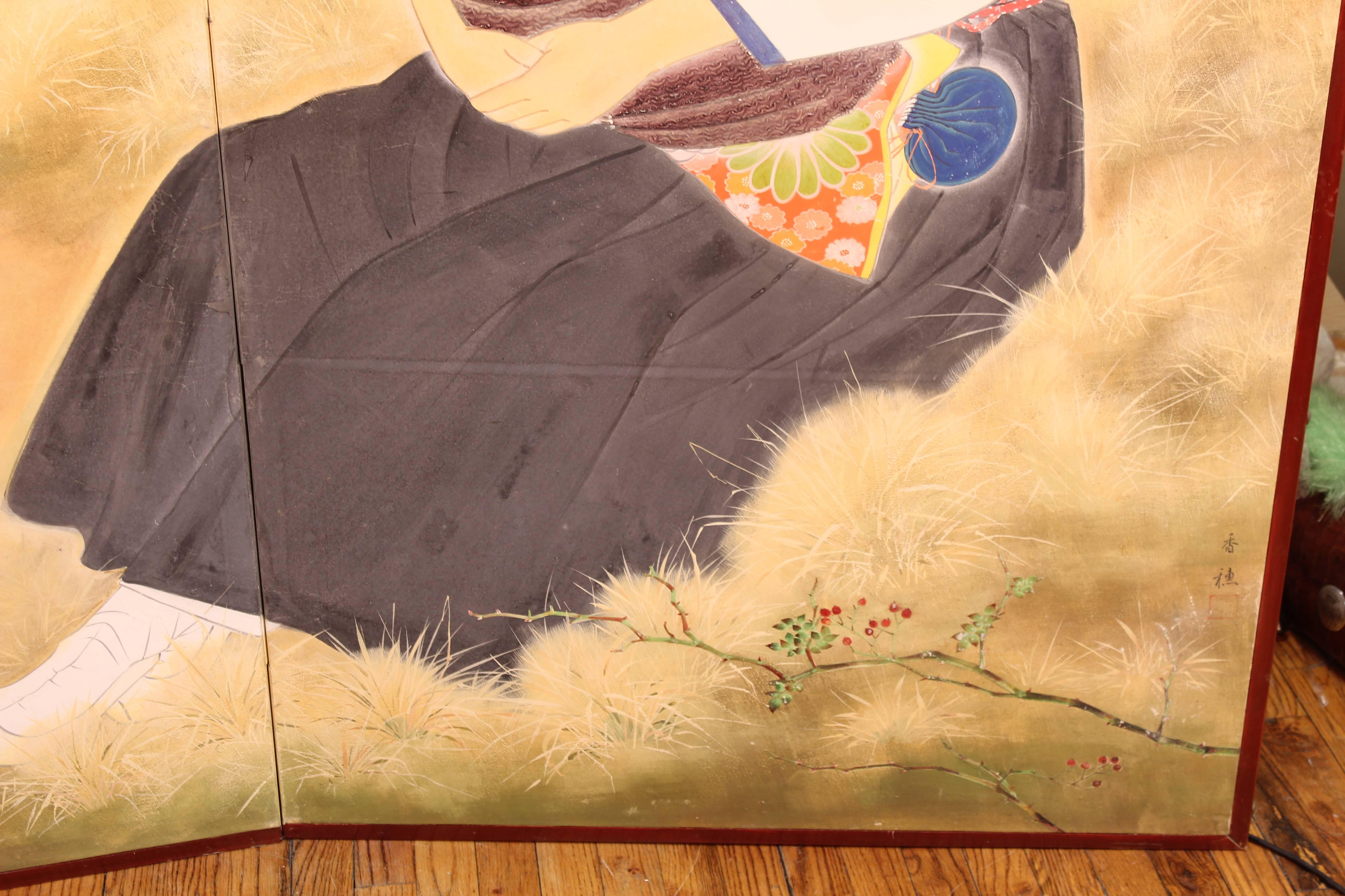 Mid-20th Century Shibata Suika Japanese Painted Paper Screen with Okinawan Mother and Child For Sale