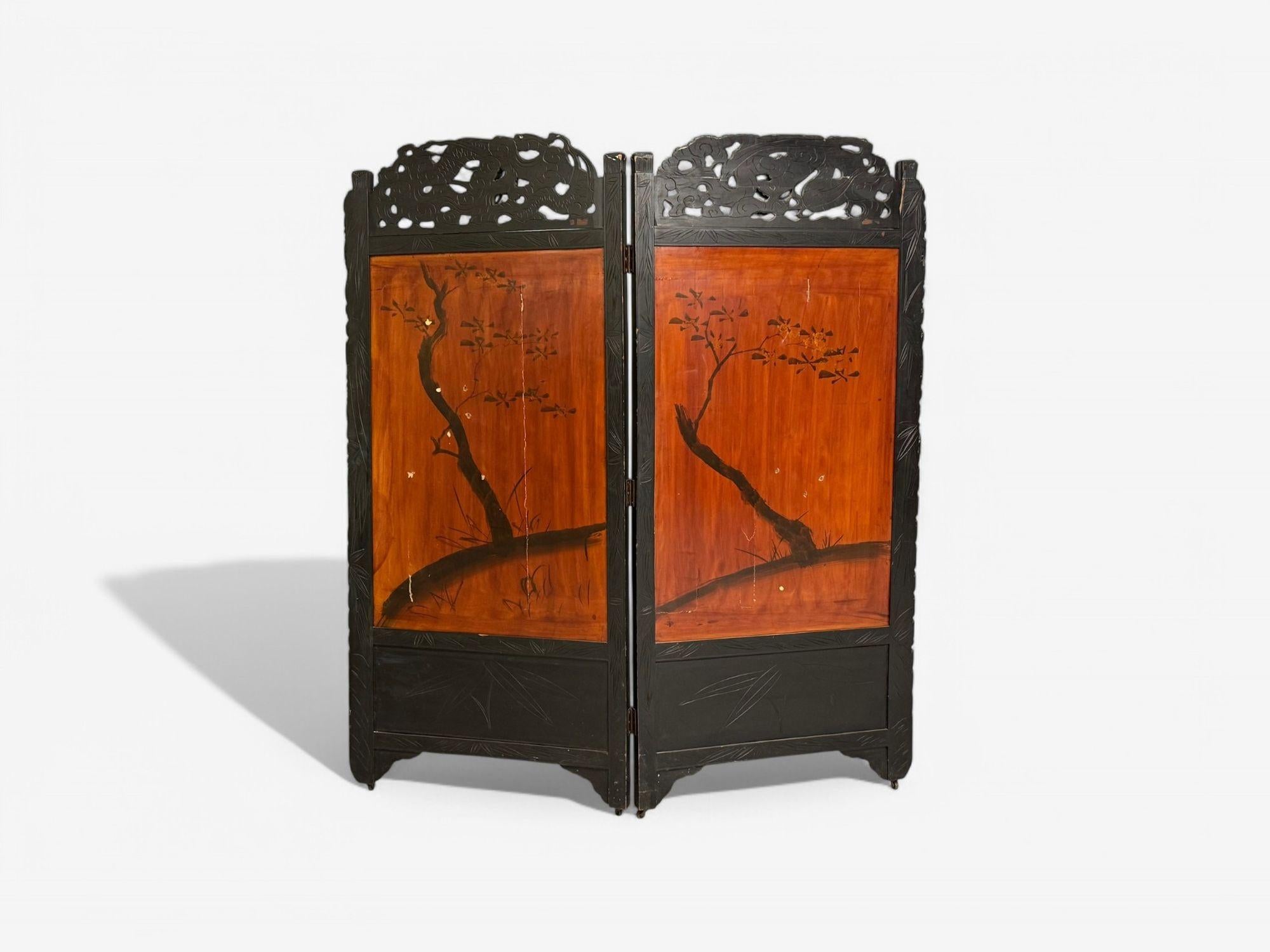 Shibayama Art, Meiji Era, Ebonized Wood, Lacquer, Two Panel Screen, Japan, 1890s For Sale 8