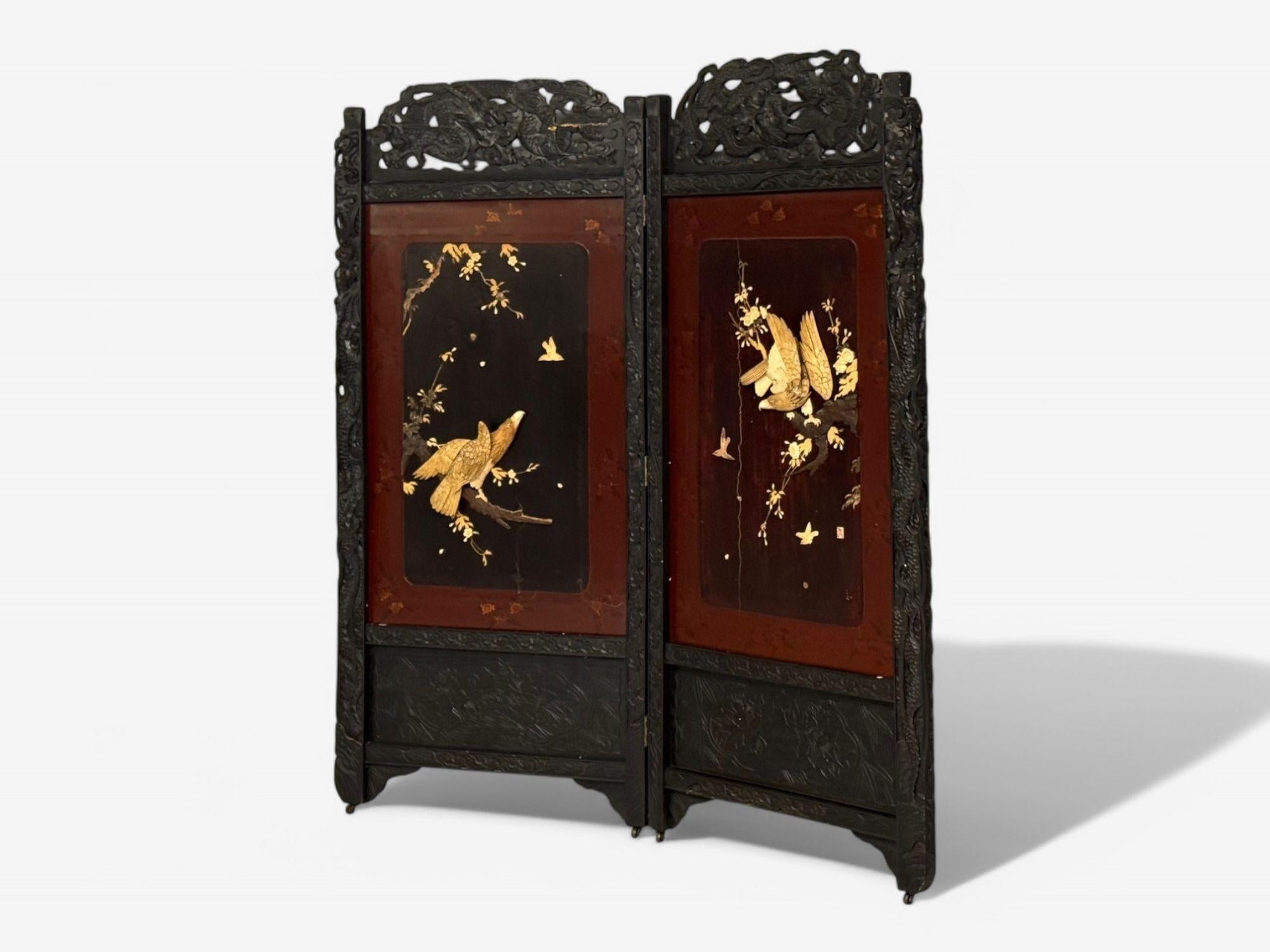 Shibayama Art, Meiji Era, Ebonized Wood, Lacquer, Japanese Two Panel Screen, Room Divider, Japan, 1890s

A wonderful example of a Shibayama art room divider from the Meiji era circa 19th c., featuring intricate inlays of birds of prey, such as a