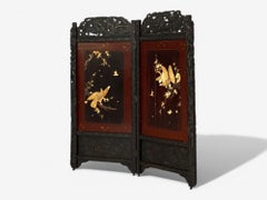 Shibayama Art, Meiji Era, Ebonized Wood, Lacquer, Two Panel Screen, Japan, 1890s