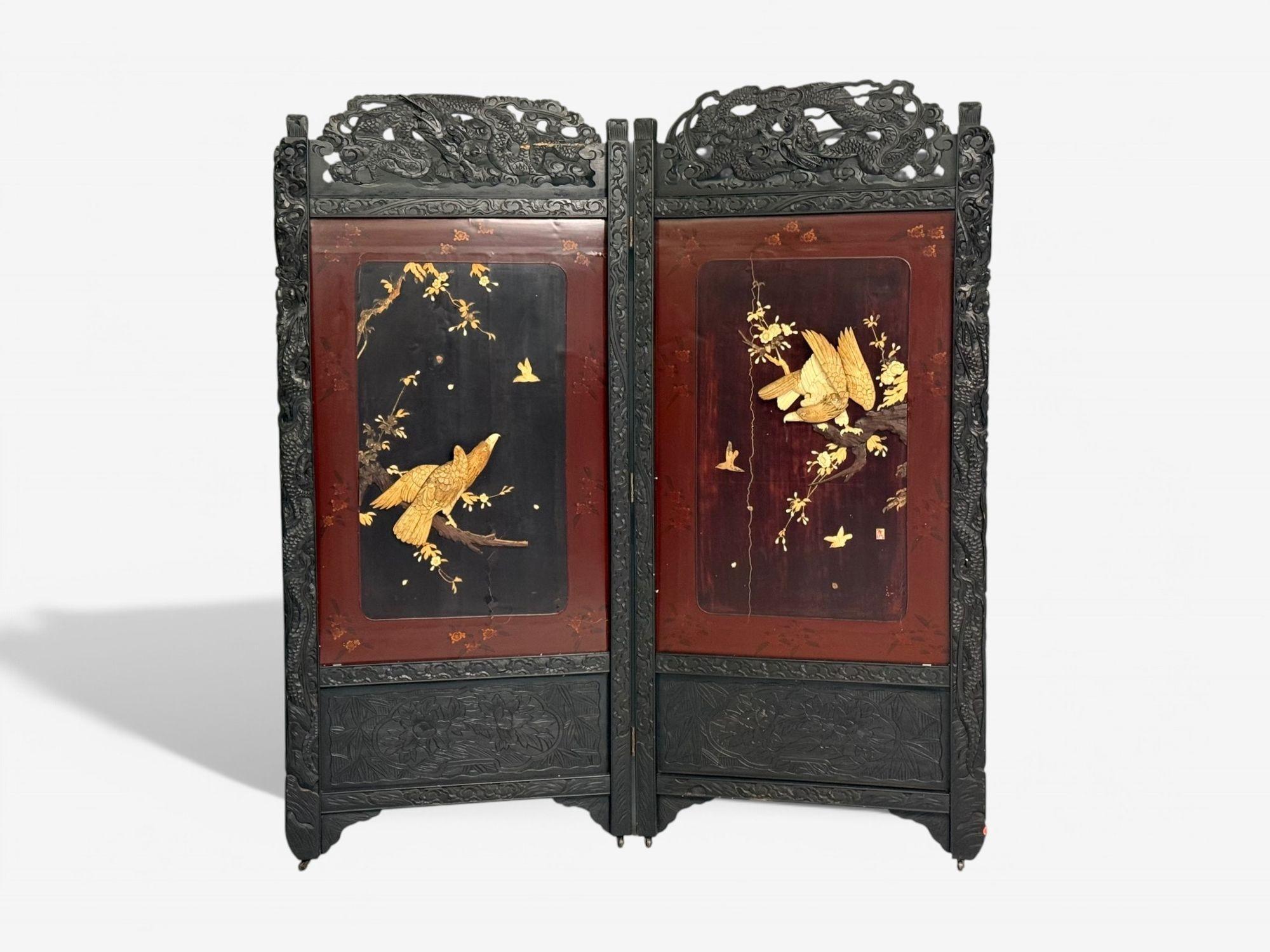 Japanese Shibayama Art, Meiji Era, Ebonized Wood, Lacquer, Two Panel Screen, Japan, 1890s For Sale