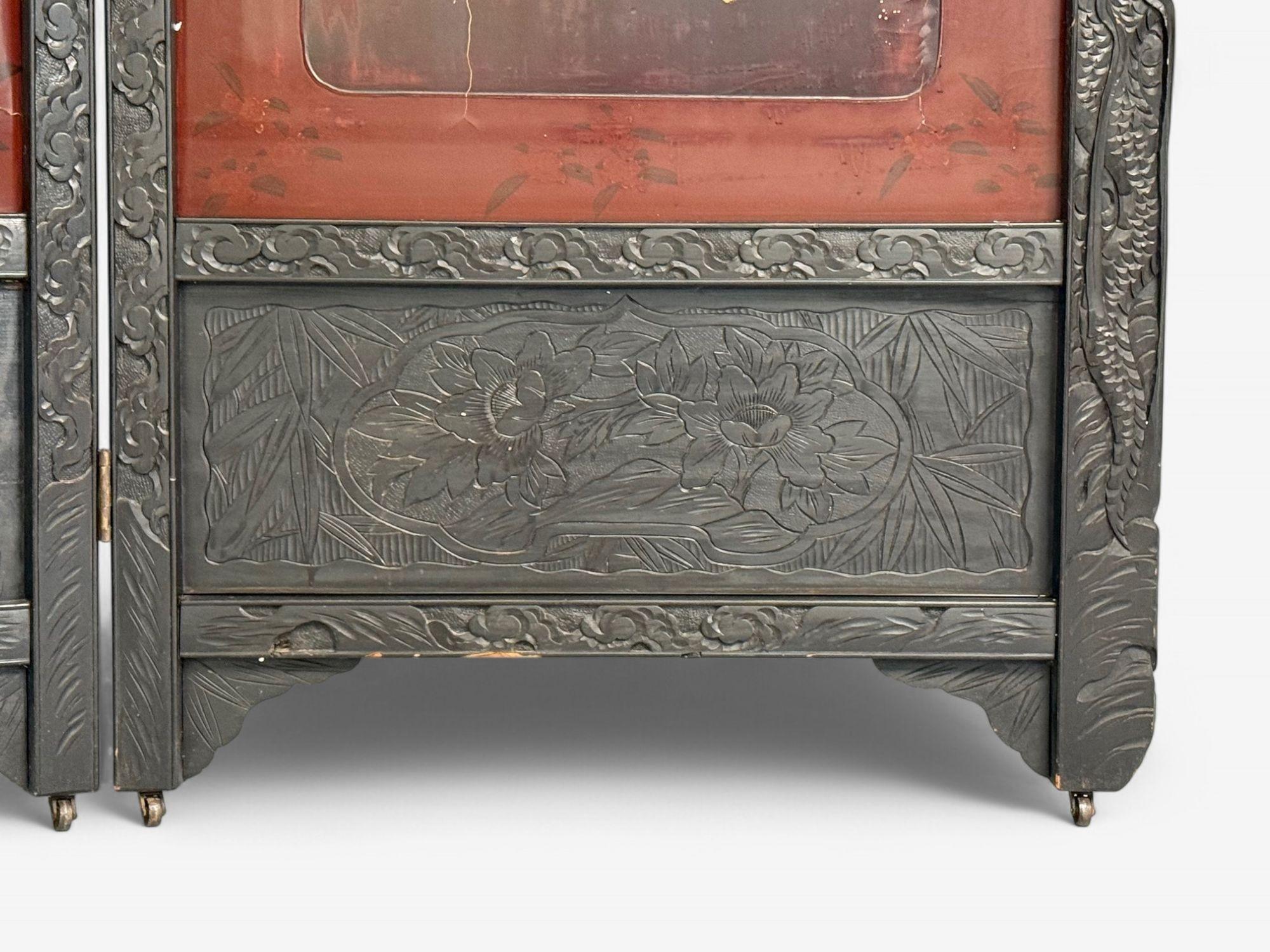 Shibayama Art, Meiji Era, Ebonized Wood, Lacquer, Two Panel Screen, Japan, 1890s For Sale 4