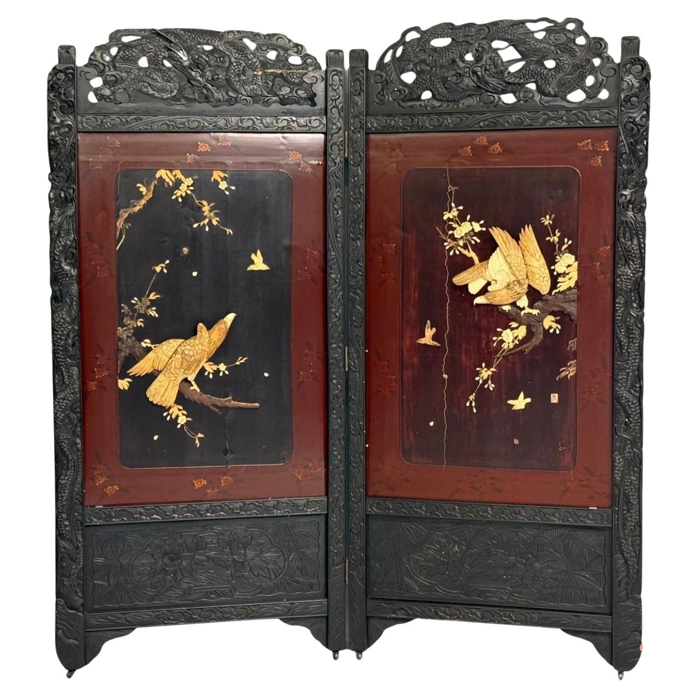 Shibayama Art, Meiji Era, Ebonized Wood, Lacquer, Two Panel Screen, Japan, 1890s