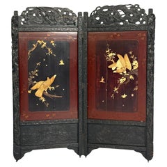 Shibayama Art, Meiji Era, Ebonized Wood, Lacquer, Two Panel Screen, Japan, 1890s