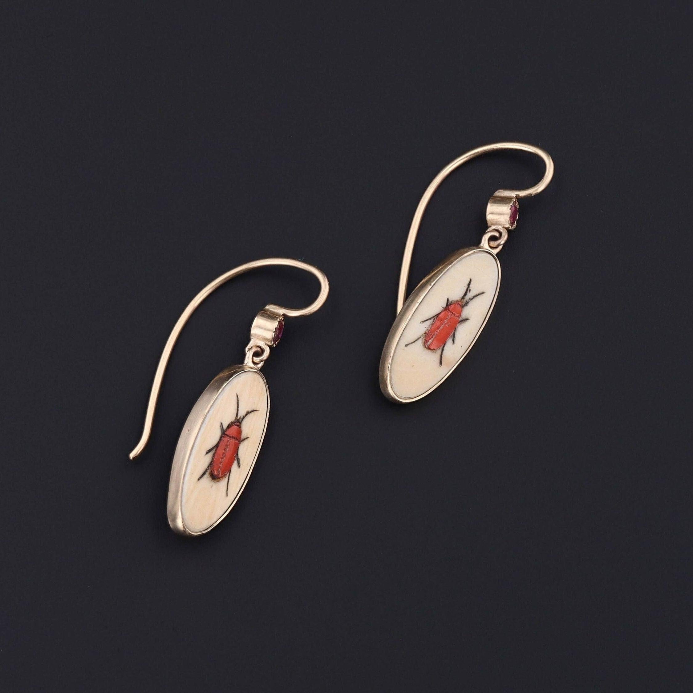 Oval Cut Shibayama Insect with Ruby Conversion Earrings in 14k Gold For Sale