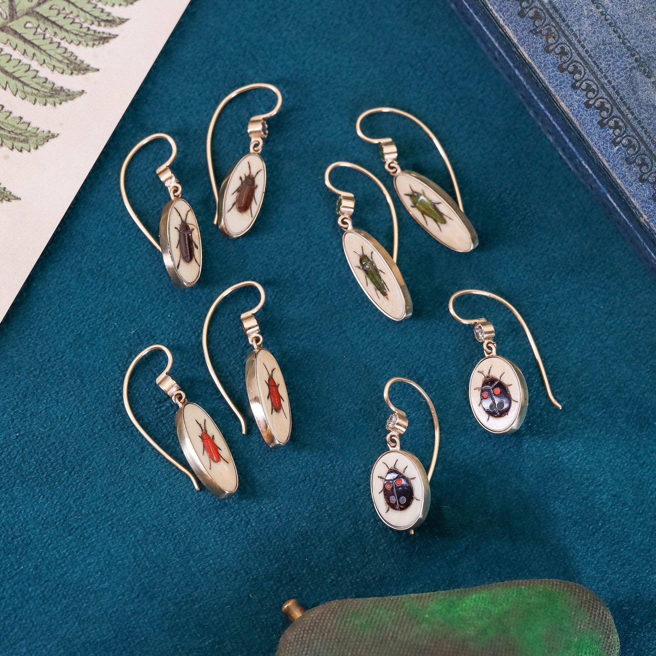 Women's Shibayama Insect with Ruby Conversion Earrings in 14k Gold For Sale