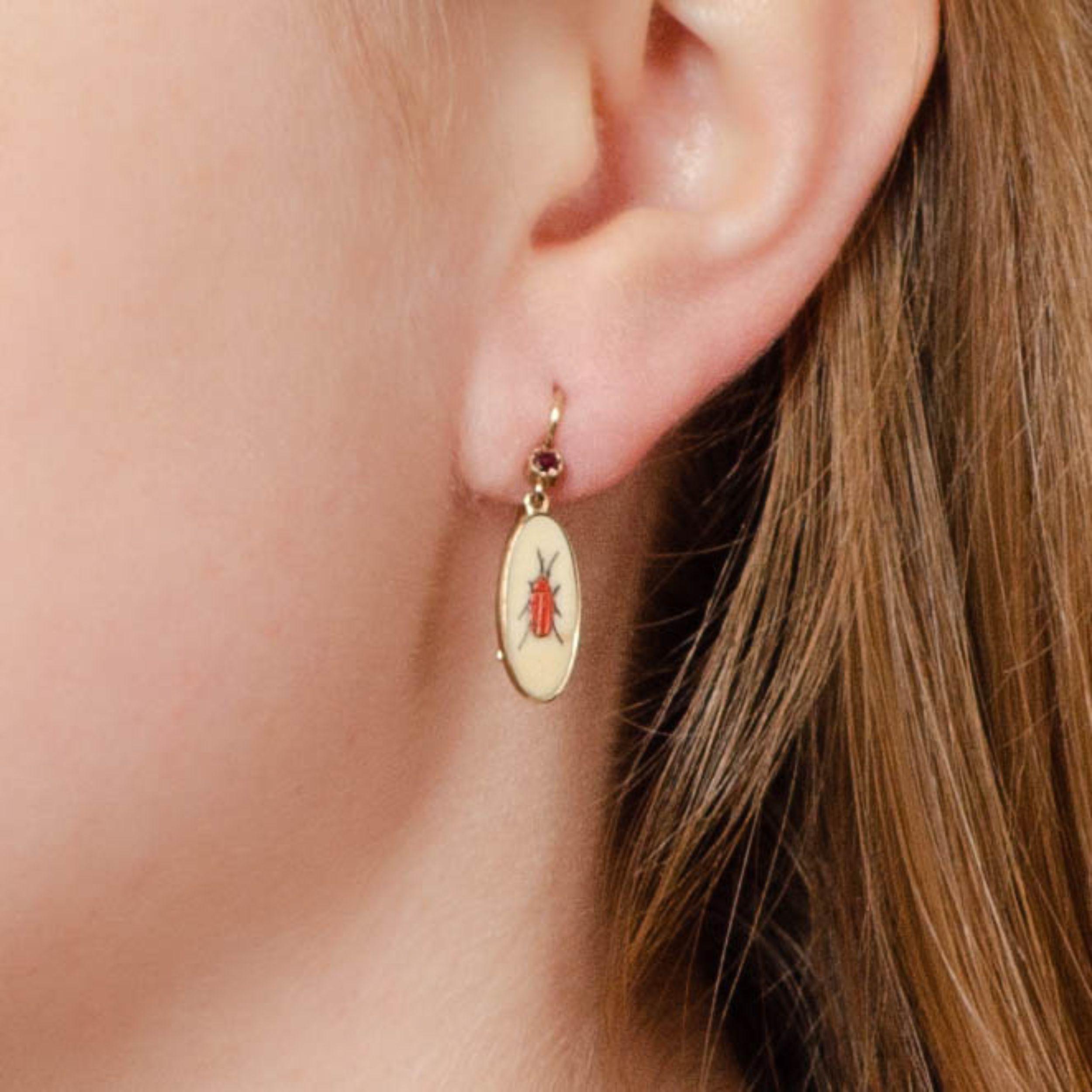 Shibayama Insekt mit Rubin Konvertierung Ohrringe in 14k Gold Damen im Angebot