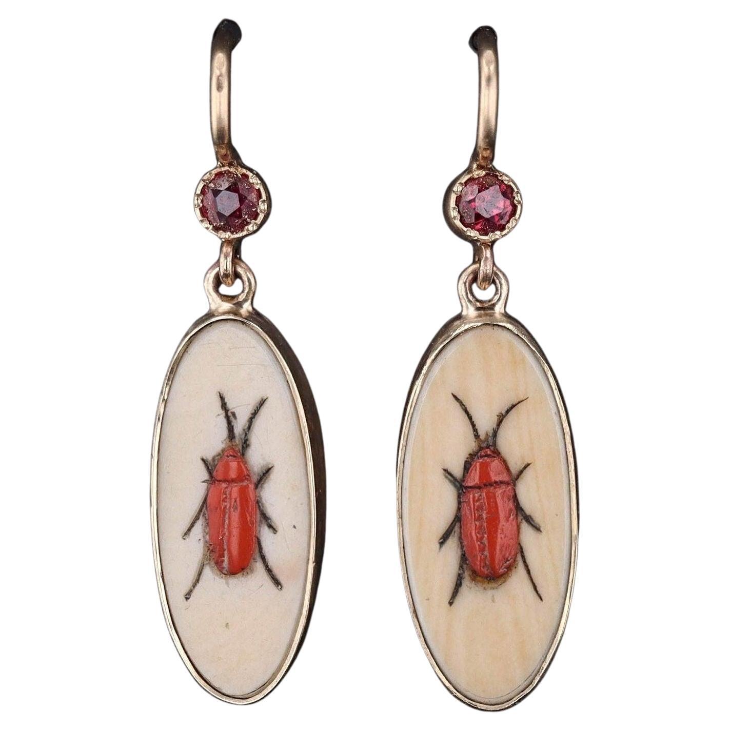 Shibayama Insect with Ruby Conversion Earrings in 14k Gold For Sale
