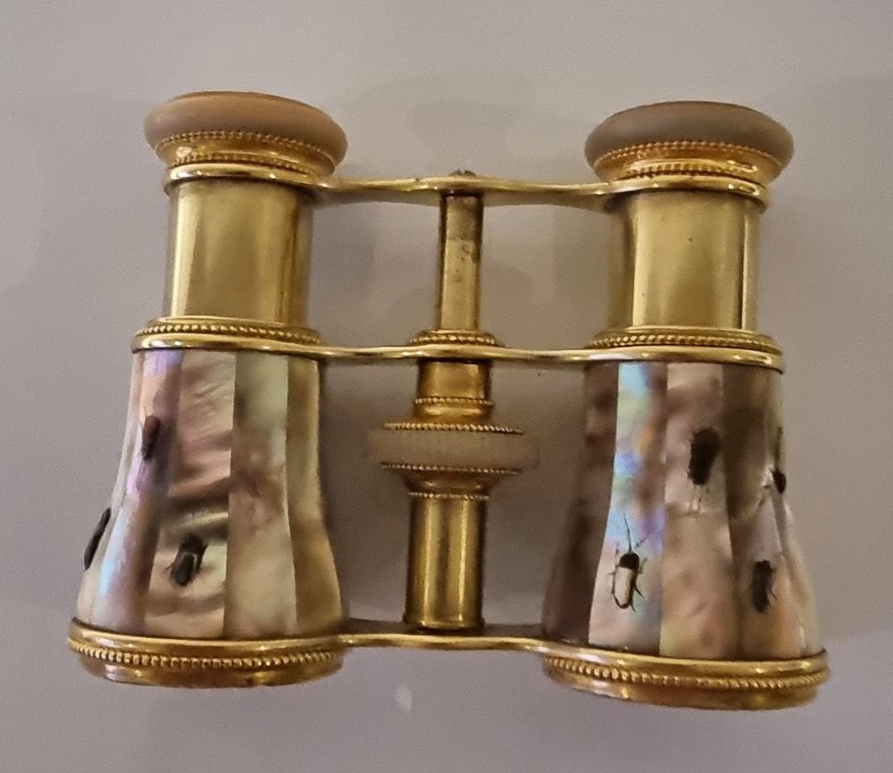 A superb and incredibly rare pair of gilt bronze and mother of pearl Shibayama opera glasses by Lemaire in its original leather carry case. The beautiful mother of pearl case decorated by bugs. The Shibayama technique was named after Shibayama