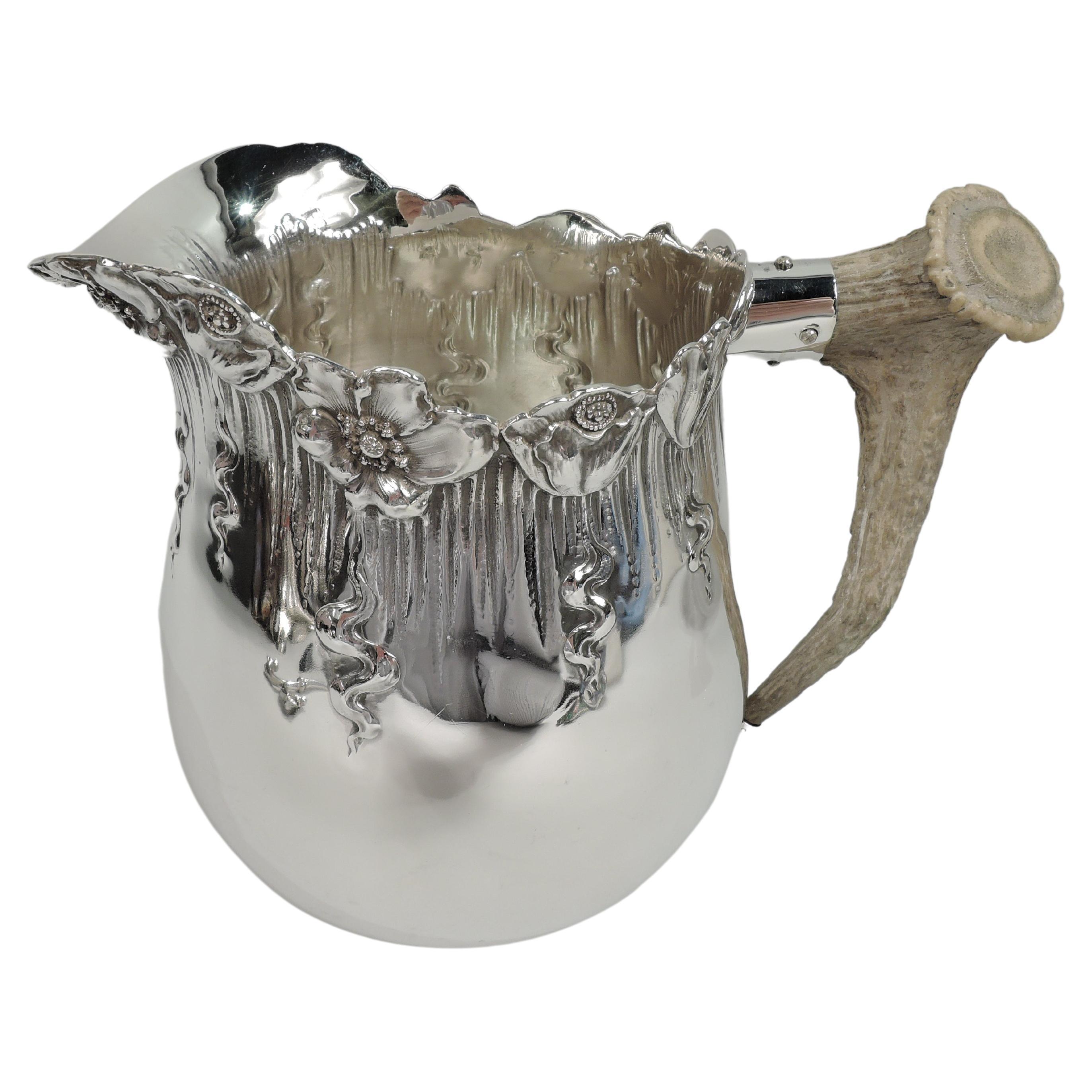Shiebler Art Nouveau Sterling Silver Water Pitcher with Horn Handle
