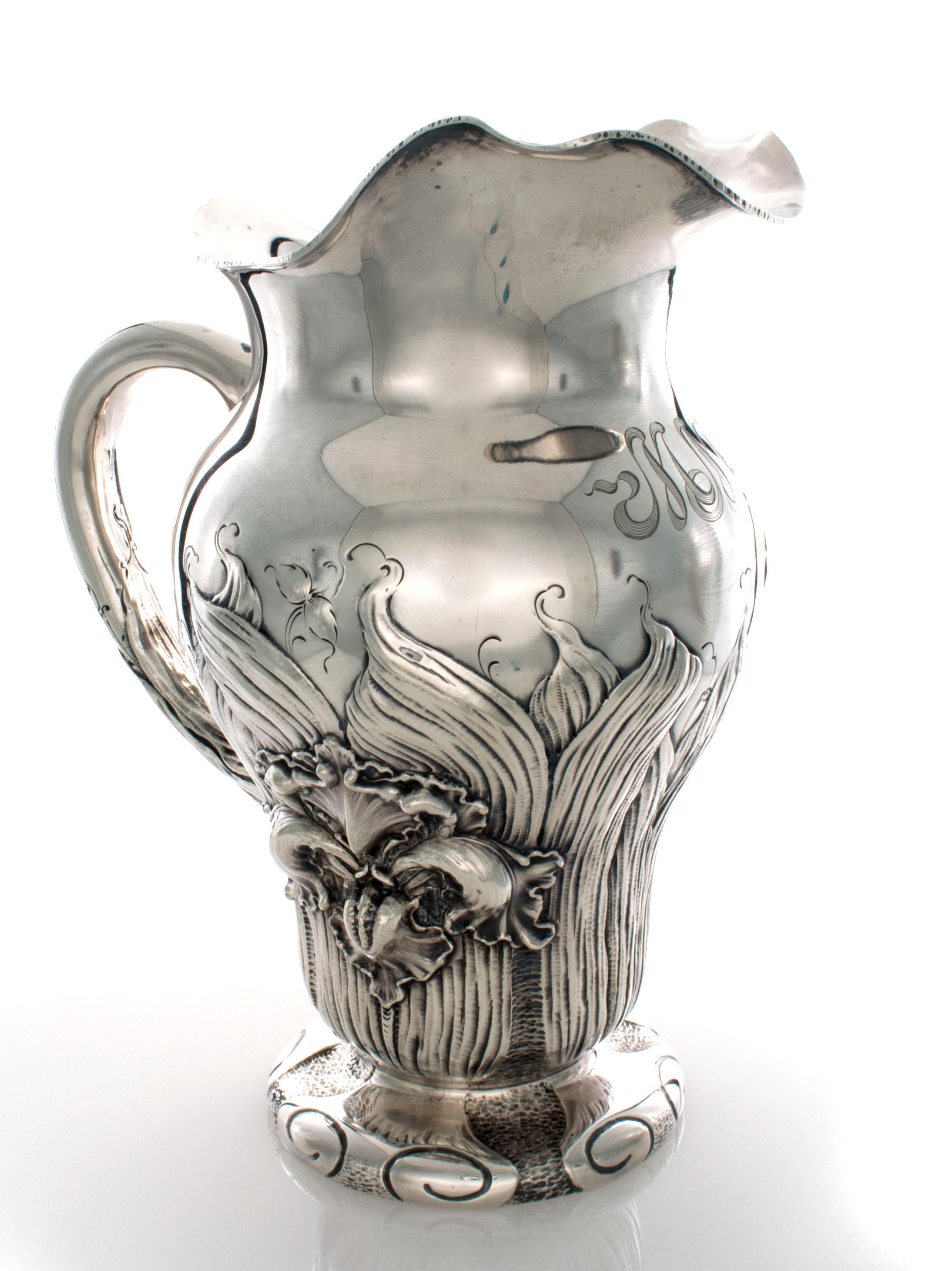 Shiebler Art Nouveau Style Sterling Pitcher with Irises For Sale 1