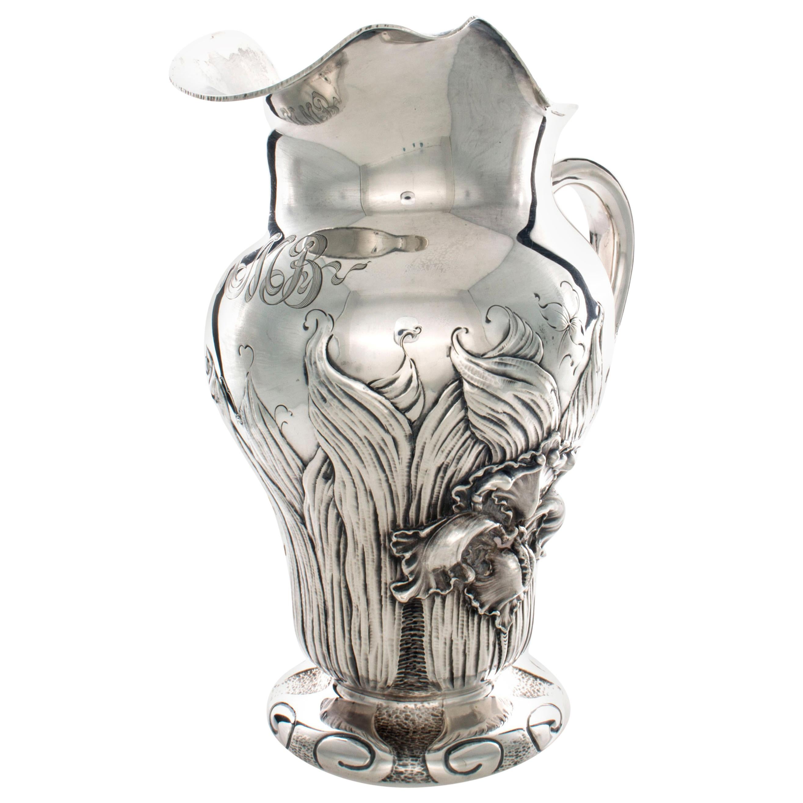 Shiebler Art Nouveau Style Sterling Pitcher with Irises im Angebot