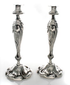Shiebler Sterling Art Nouveau Candlesticks with Irises