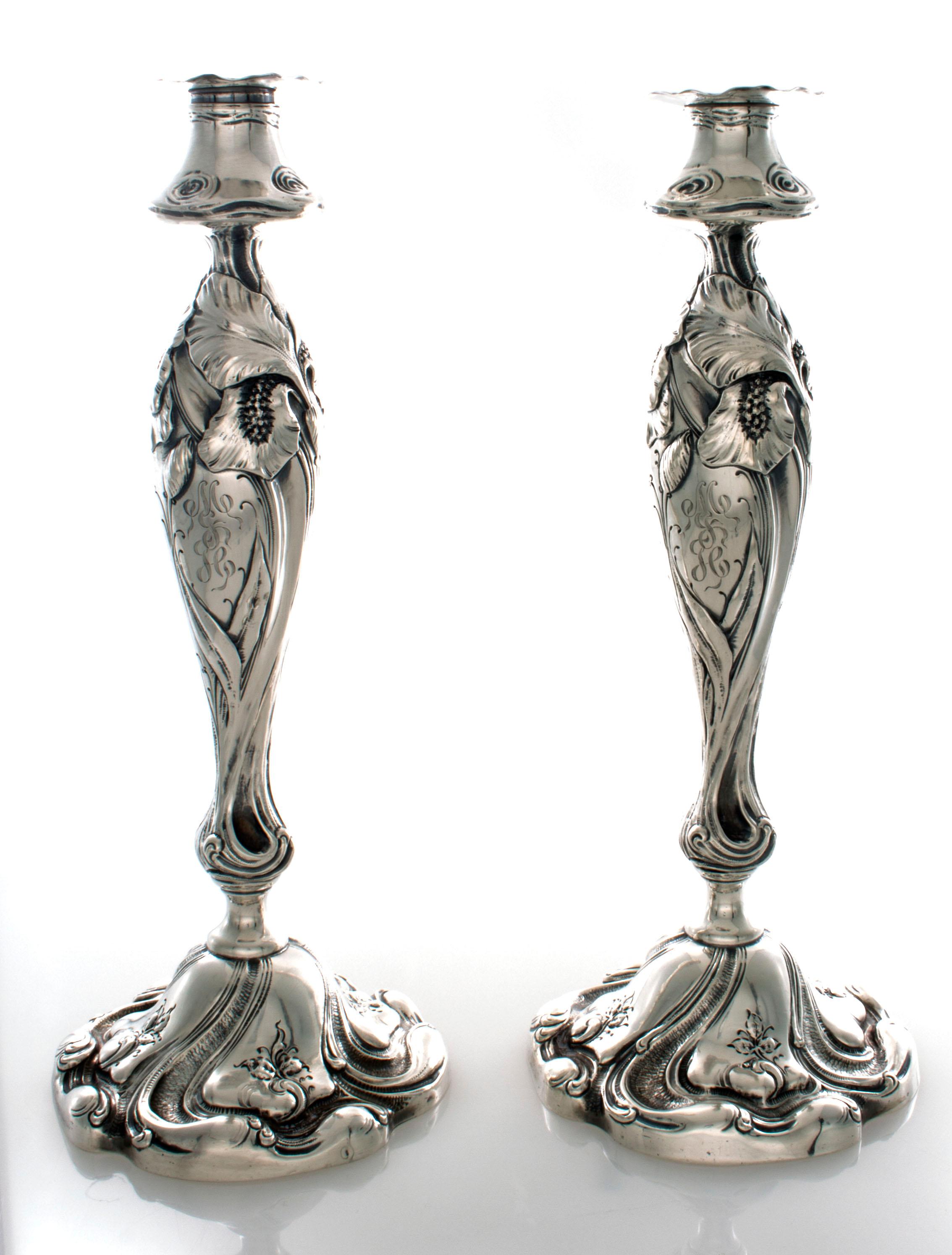Shiebler Sterling Art Nouveau Candlesticks with Irises In Excellent Condition For Sale In Mobile, AL