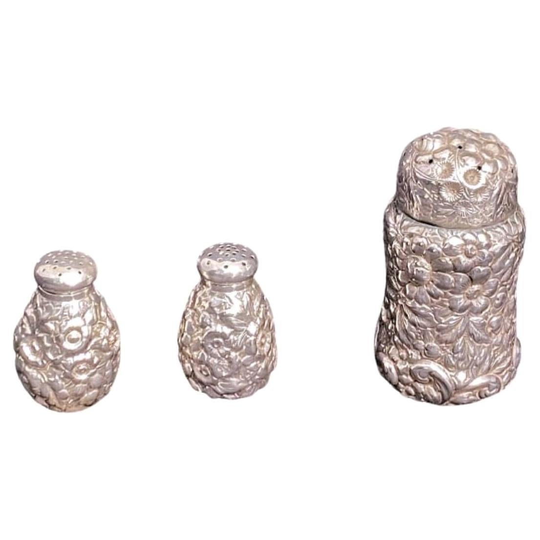 Shiebler Sterling Silver Repoussé Set of 3 Salt, Pepper, and Sugar Shakers from