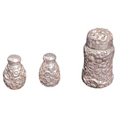 Antique Shiebler Sterling Silver Repoussé Set of 3 Salt, Pepper, and Sugar Shakers from