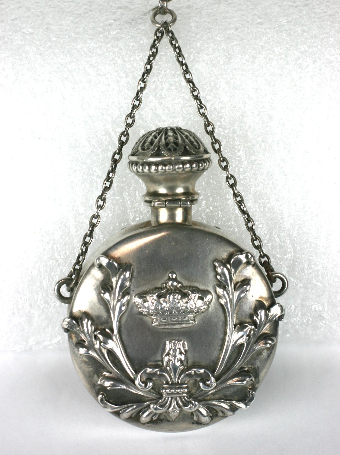 Shiebler sterling Victorian perfume flask pendant made originally for a chatelaine but can be used now as a pendant. It remarkably retains its original sterling stopper which is fitted beautifully.
Ornate Rococo applications with angel, griffin and