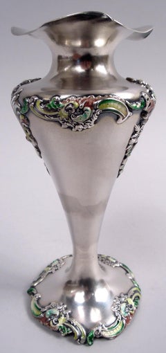 Jarrón victoriano rococó Shiebler de plata de ley y esmalte