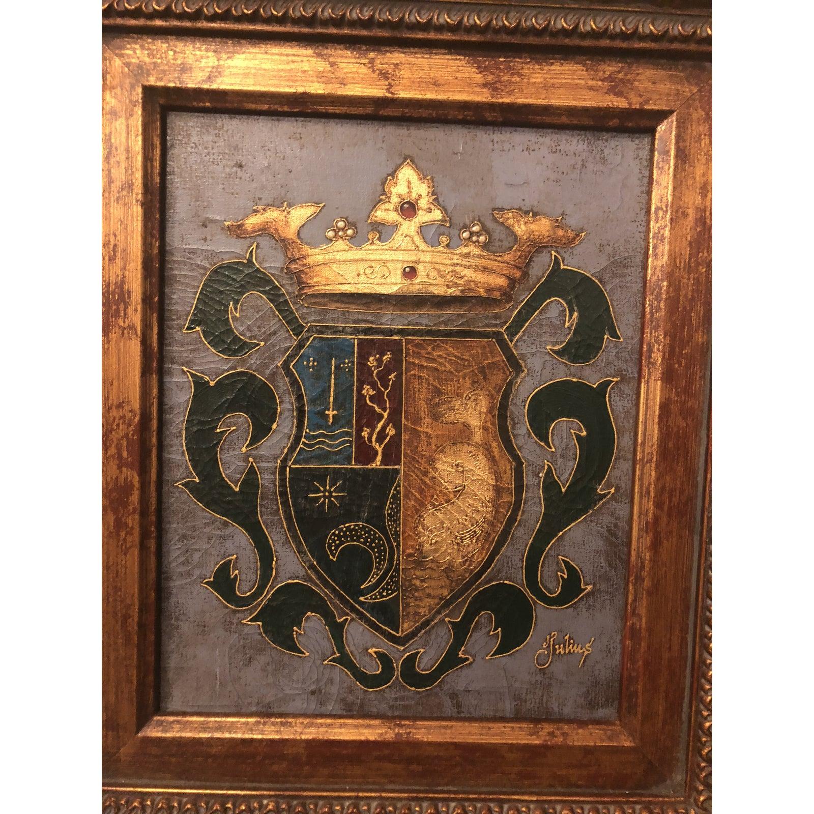 Medieval Shield and Crown Oil on Canvas Painting Signed by Artist