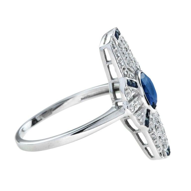 Oval Cut Shield Art Deco Style Inspired Blue Sapphire & Diamond Platinum Ring For Sale