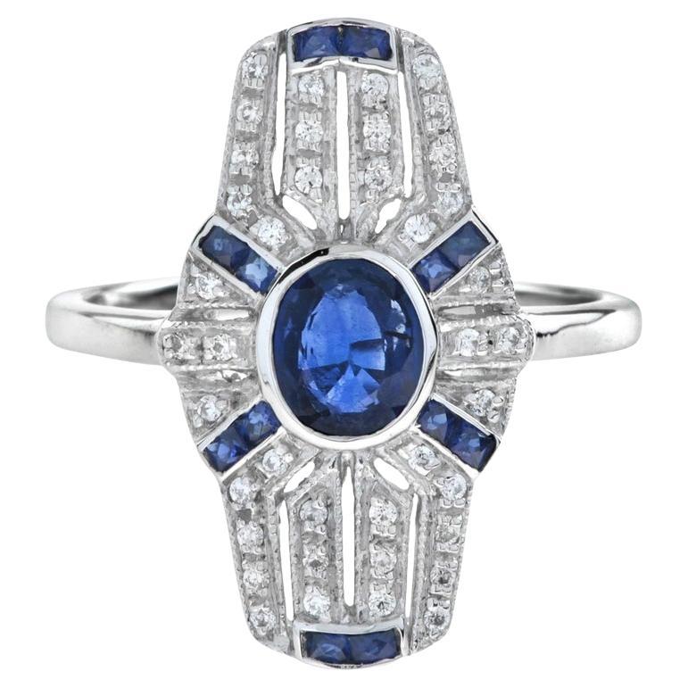 Shield Art Deco Style Inspired Blue Sapphire & Diamond Platinum Ring For Sale