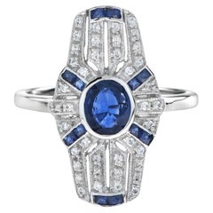 Shield Art Deco Style Inspired Blue Sapphire & Diamond Platinum Ring