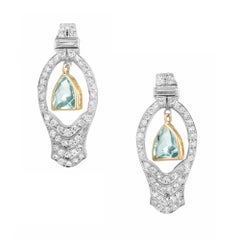 Shield Cut Aquamarine Diamond Gold Platinum Art Deco Dangle Earrings