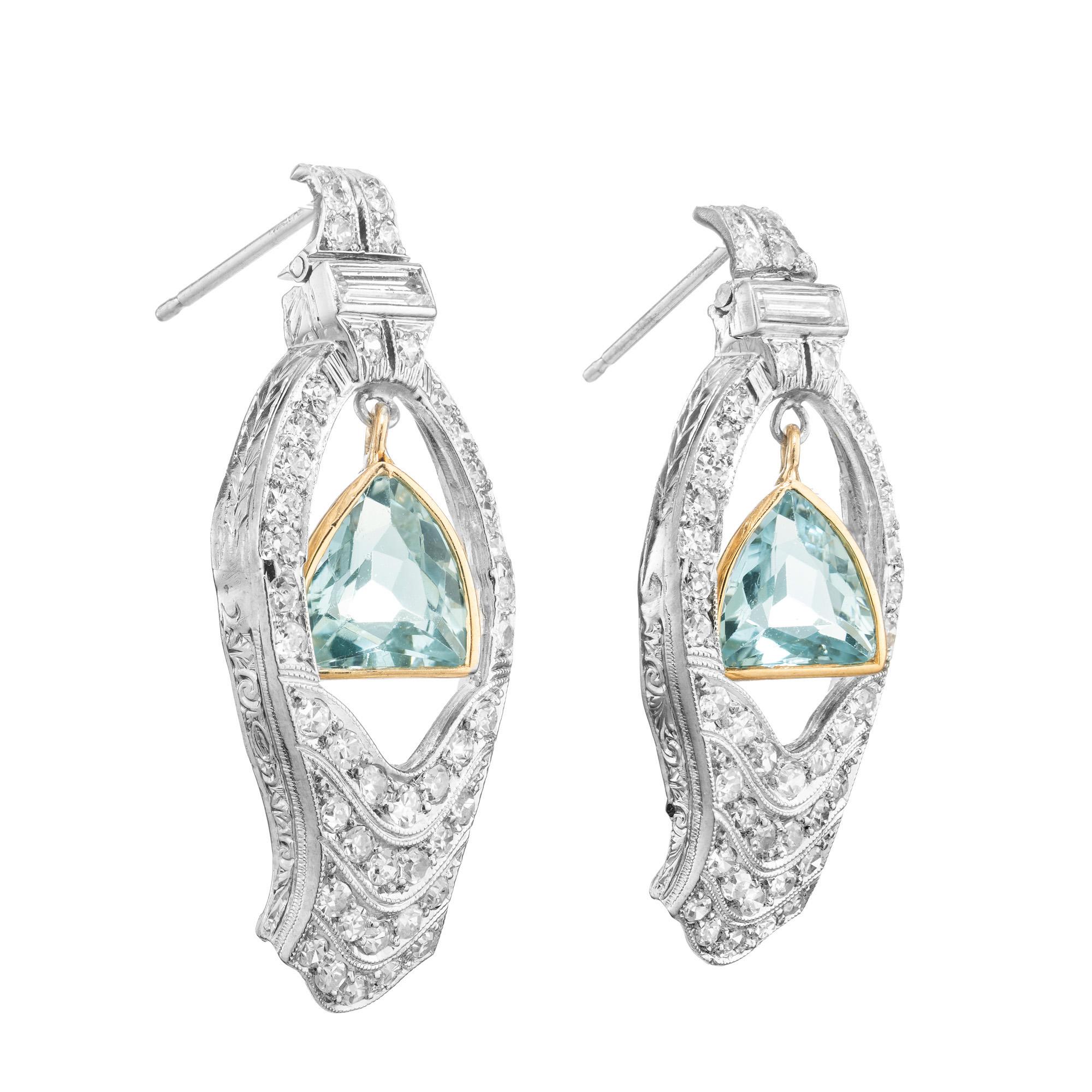 Shield Cut Aquamarine Diamond Gold Platinum Art Deco Dangle Earrings In Good Condition For Sale In Stamford, CT