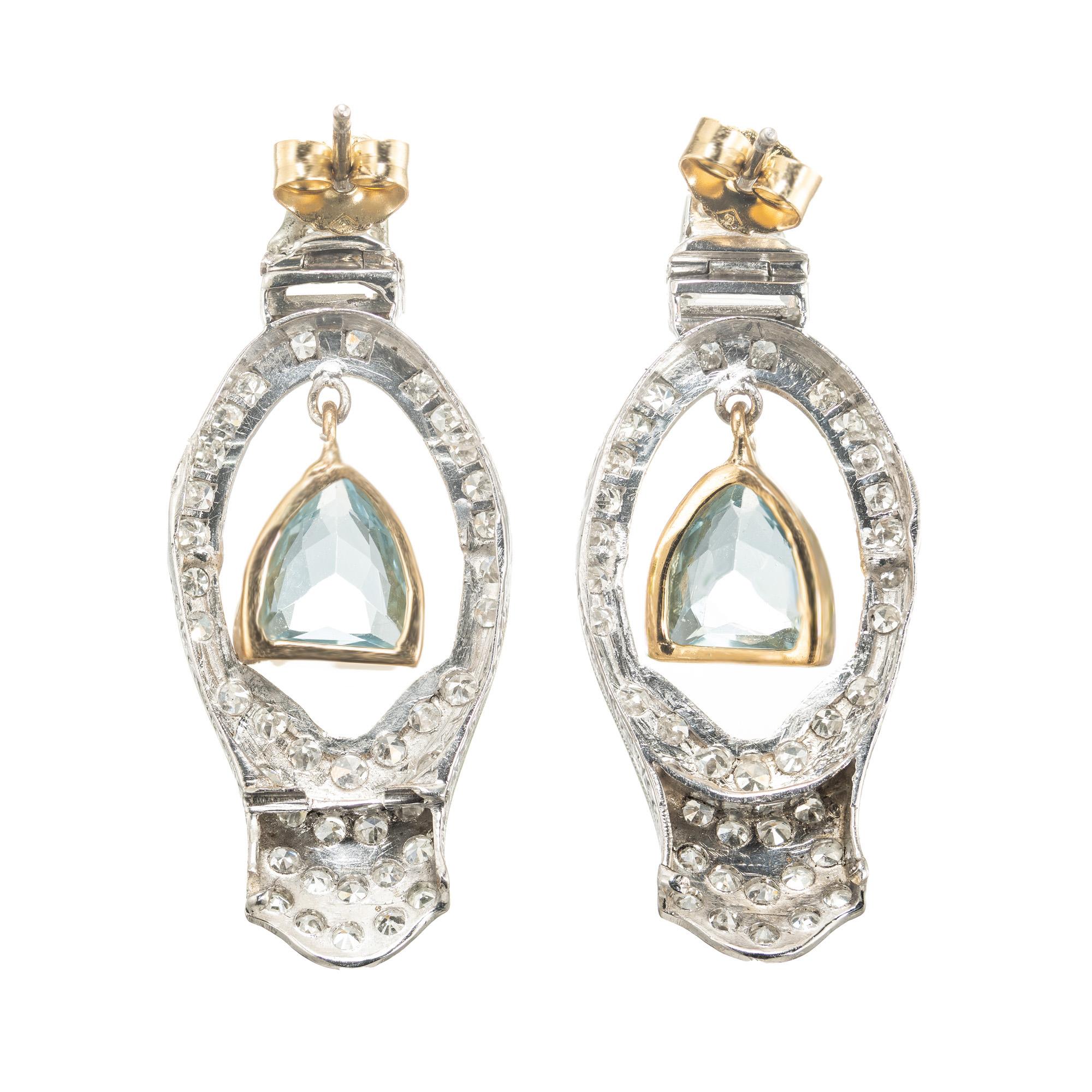 Women's Shield Cut Aquamarine Diamond Gold Platinum Art Deco Dangle Earrings For Sale