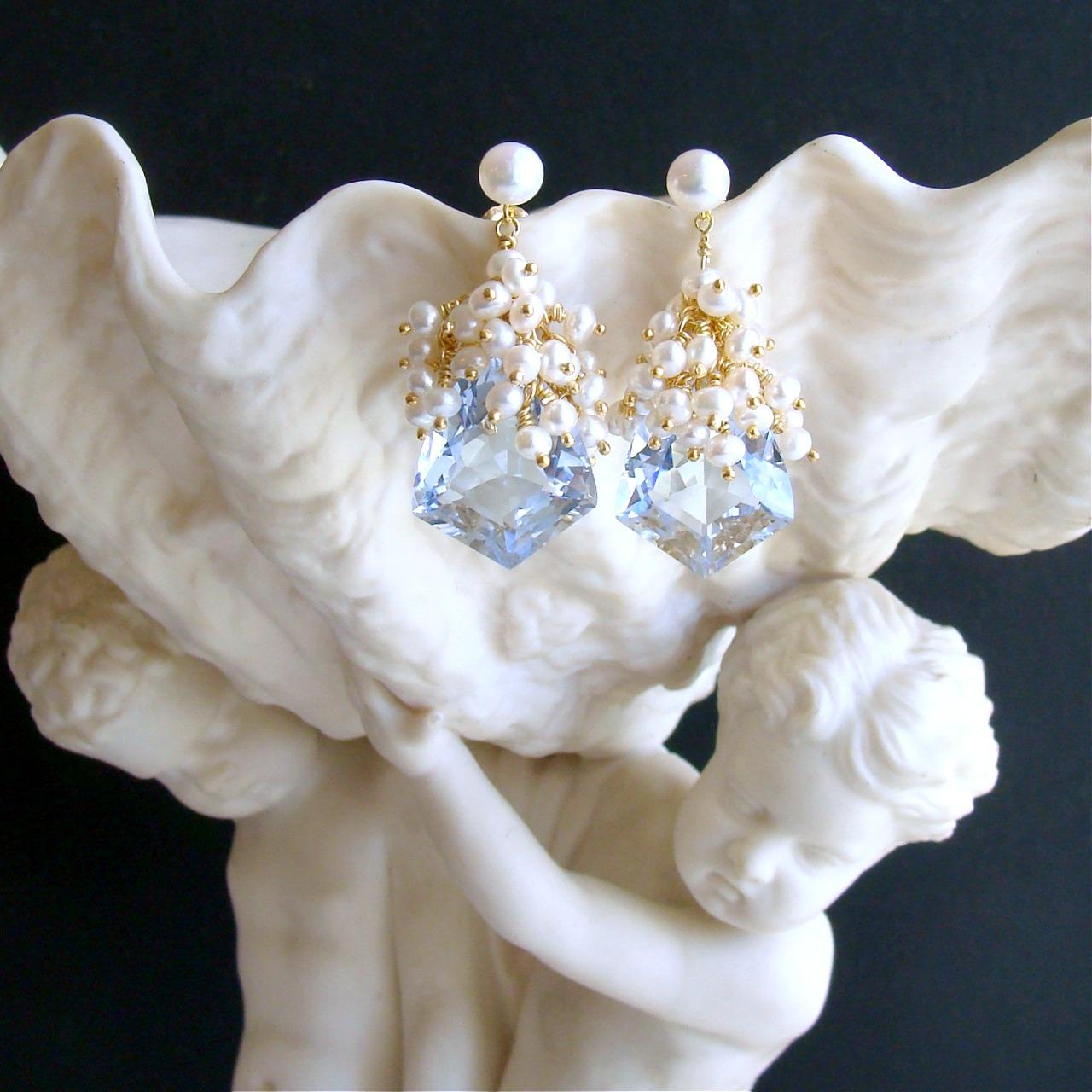 Artisan Shield Cut Sky Blue Topaz Seed Pearl Cluster Earrings, Diana V Earrings