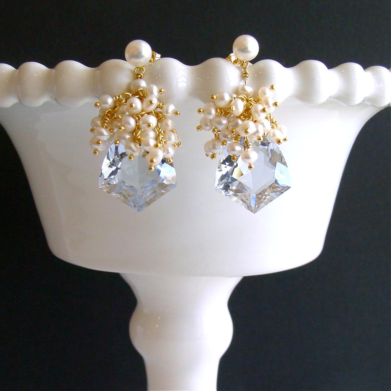 Shield Cut Sky Blue Topaz Seed Pearl Cluster Earrings, Diana V Earrings In New Condition In Colleyville, TX