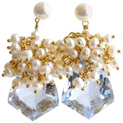 Shield Cut Sky Blue Topaz Seed Pearl Cluster Earrings, Diana V Earrings