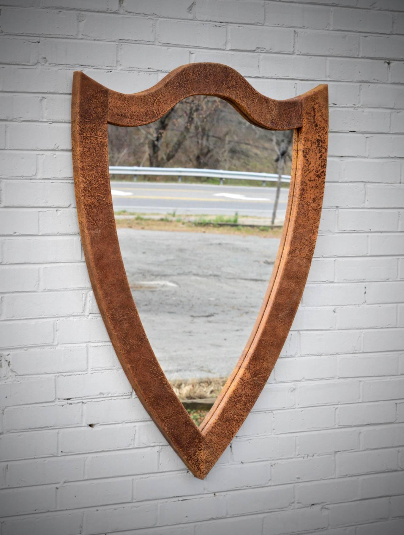 Hand-Crafted Shield Form Mirror of Hand Wrapped Leather For Sale