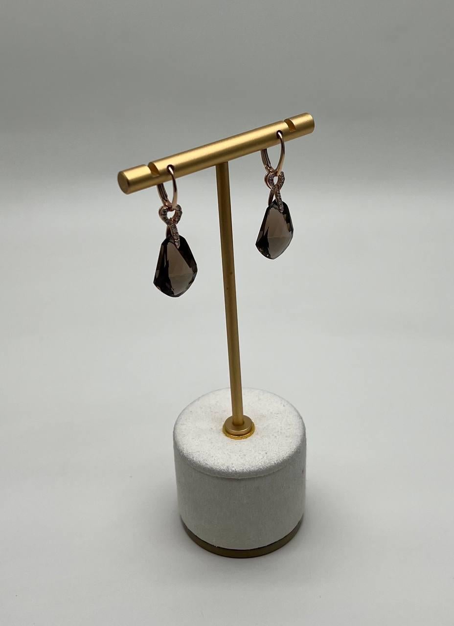 Kite Cut Shield Kite Shape Brown Smoky Quartz Diamond Accent Yellow Gold Drop Earrings For Sale