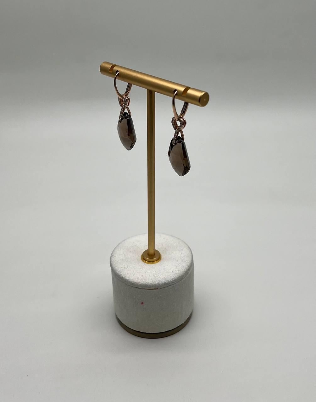 Shield Kite Shape Brown Smoky Quartz Diamond Accent Yellow Gold Drop Earrings In New Condition For Sale In Oakton, VA