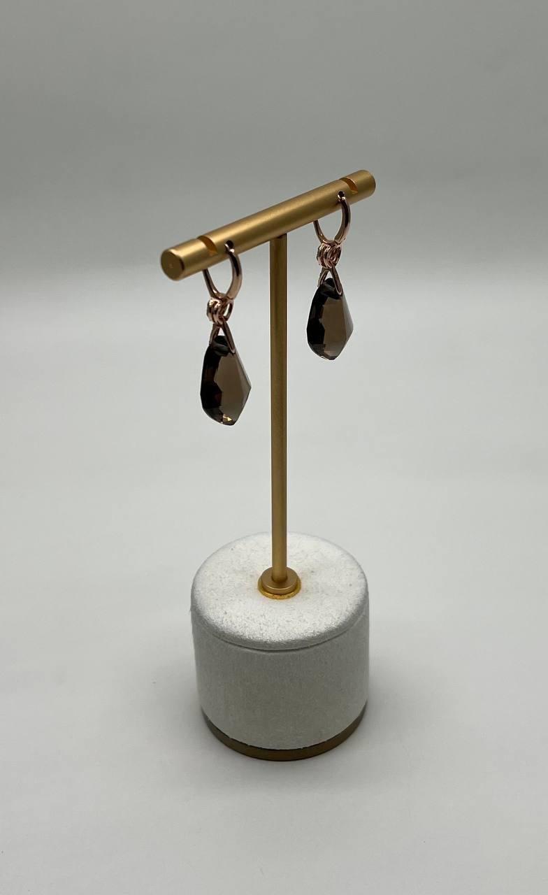 Women's Shield Kite Shape Brown Smoky Quartz Diamond Accent Yellow Gold Drop Earrings For Sale