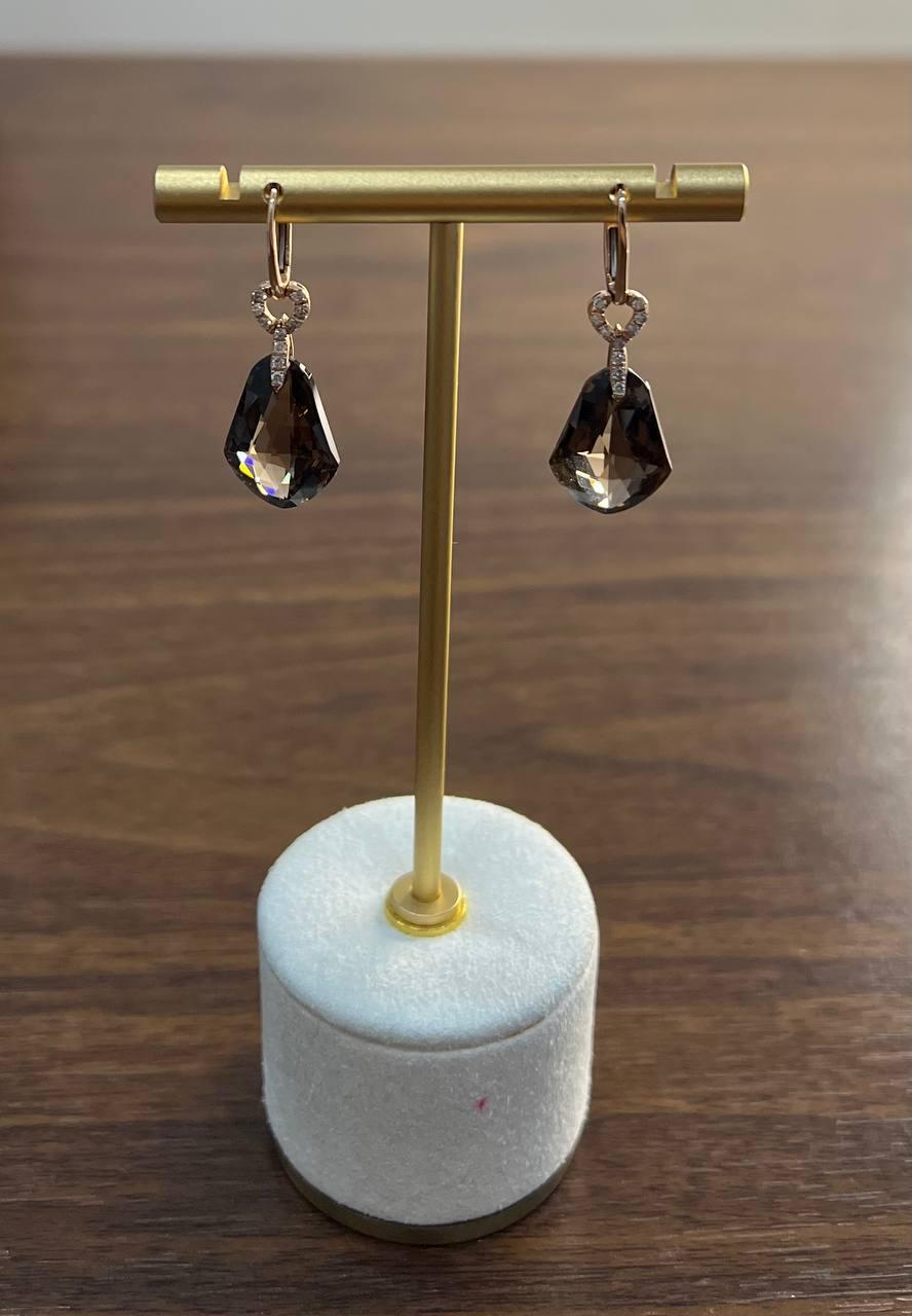 Shield Kite Shape Brown Smoky Quartz Diamond Accent Yellow Gold Drop Earrings For Sale 2