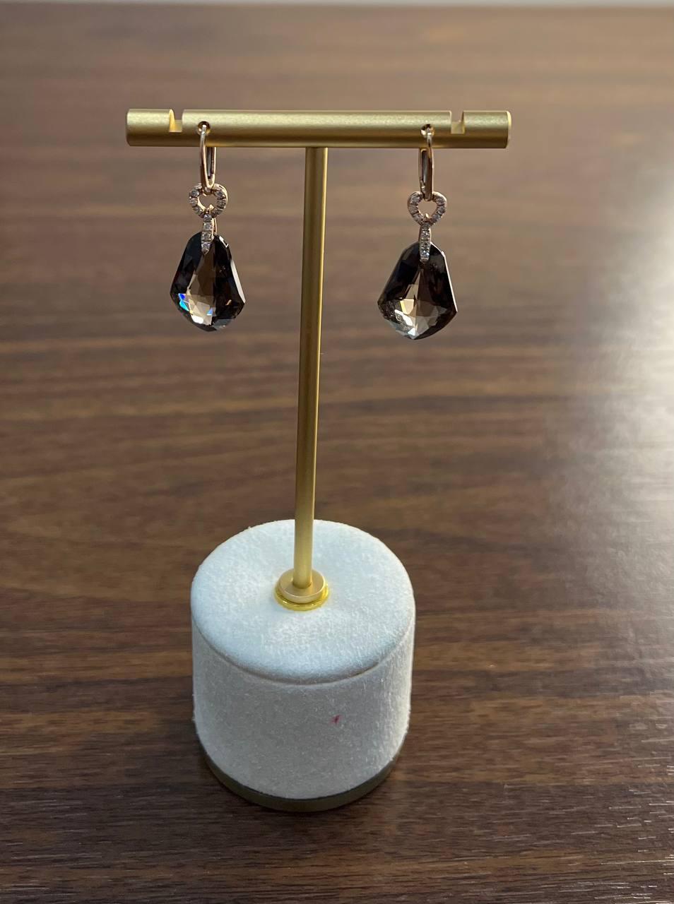 Shield Kite Shape Brown Smoky Quartz Diamond Accent Yellow Gold Drop Earrings For Sale 3