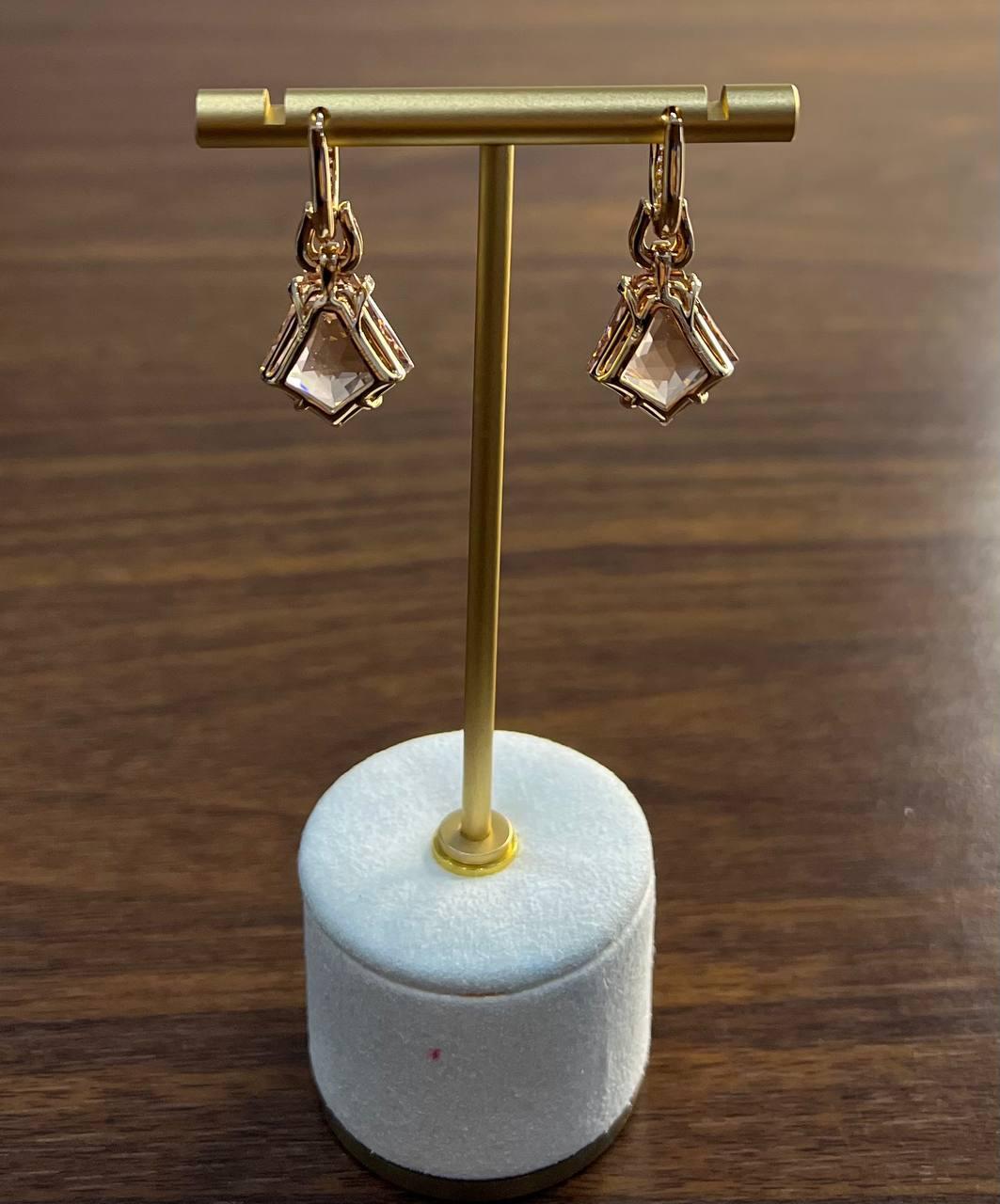 Shield Kite Shape Peach Pink Morganite Diamond Halo 18K Rose Gold Fancy Earrings For Sale 4
